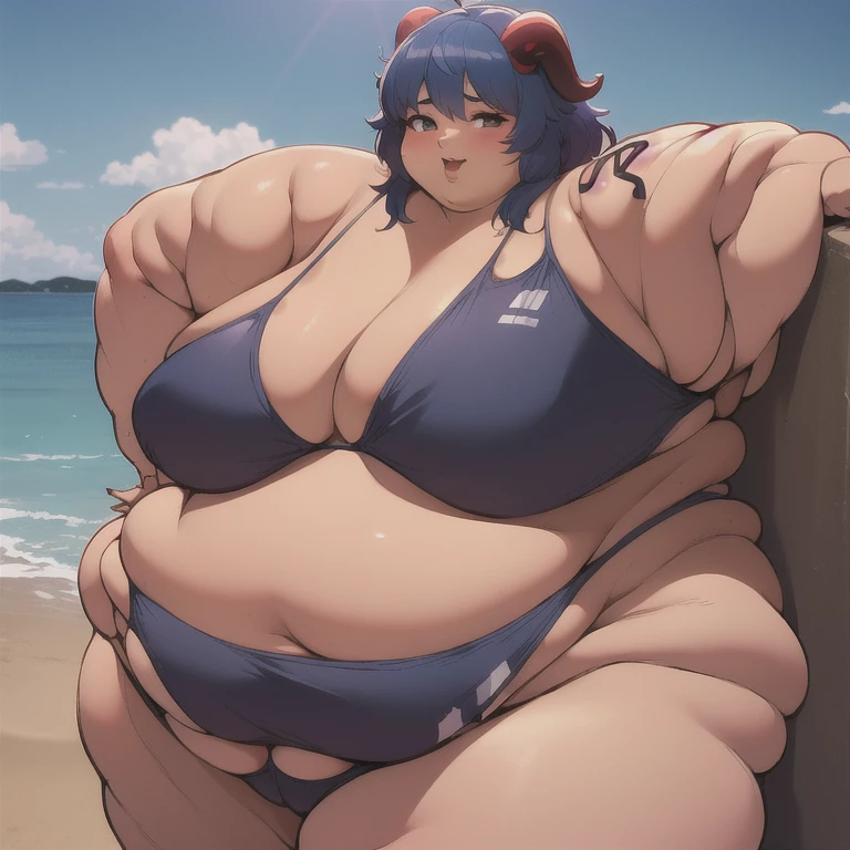 realistic lighting, natural light, (solo), (chubby girl), (curvaceous body), ganyu from genshin Impact, horns, ussbbw, short hair, black bikini, (tight bikini), white skin, white Blue hair