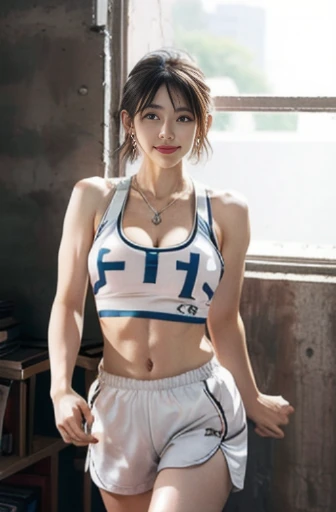Top image quality, RAW Photos, Ultra-high resolution, Gentle smile, -yeld Kon, Big breasts, cleavage, Fair skin, shiny white skin, a short bob, bright silver hair, Properly matched bangs, Cropped T-shirt, gymnastic suit, Running shorts, Beautiful eyes, Beautiful eyes with random colors, very thin lips, beautiful eyes with details, elongated eyes, pale pink cheeks, long eyelashes, beautiful double eyelid, eyeshadows, Beautiful thin legs, Beautiful navel, Beautiful abs, Beautiful ribs, earrings, Necklace, Training room, gym