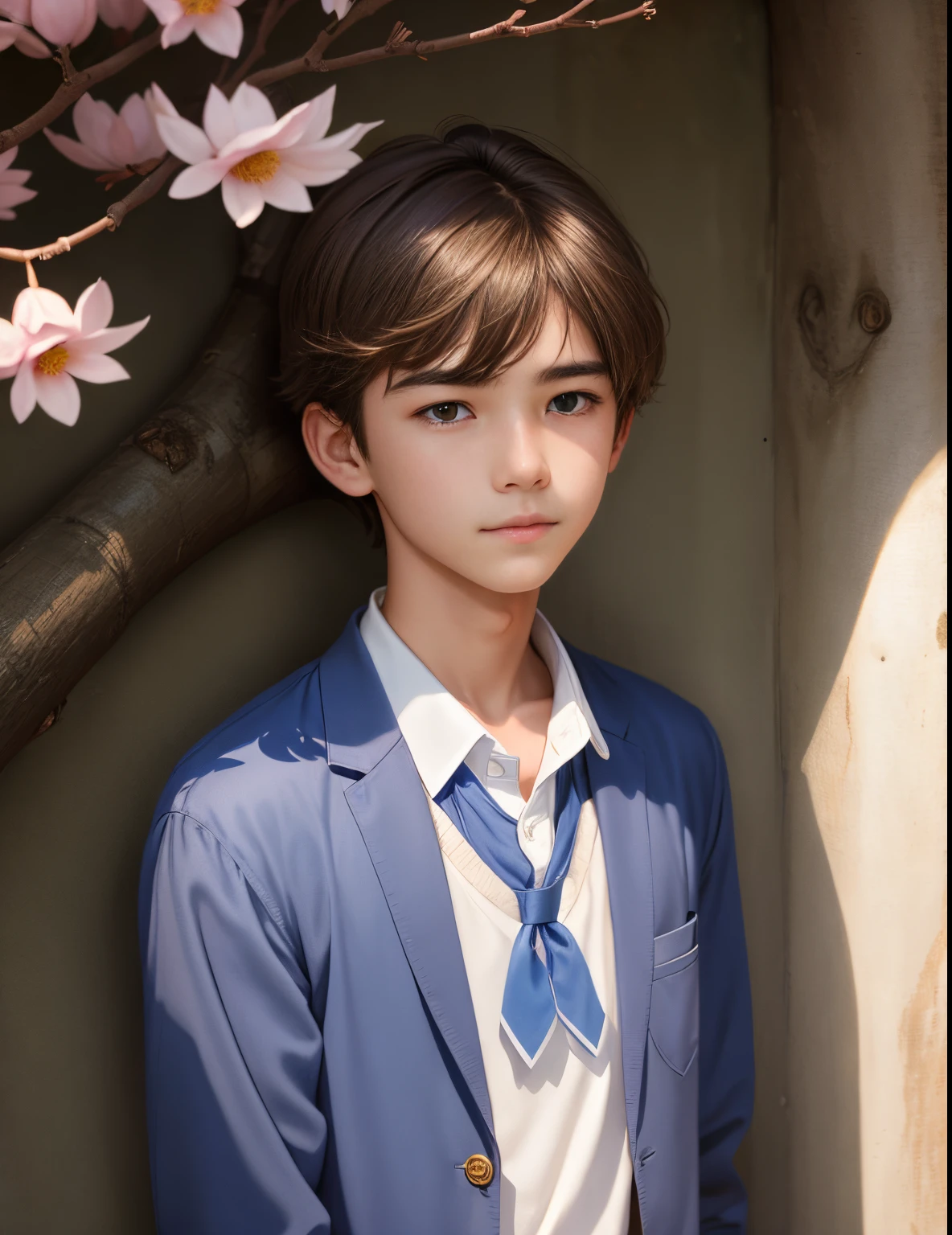 A or sixteenld boy, py-ey standing on the left side of the magnolia tree, wearing a blue school uniform, a face full of sunlight, brown hair, a gentle smile on his face, a tall posture, a clear face, handsome and handsome