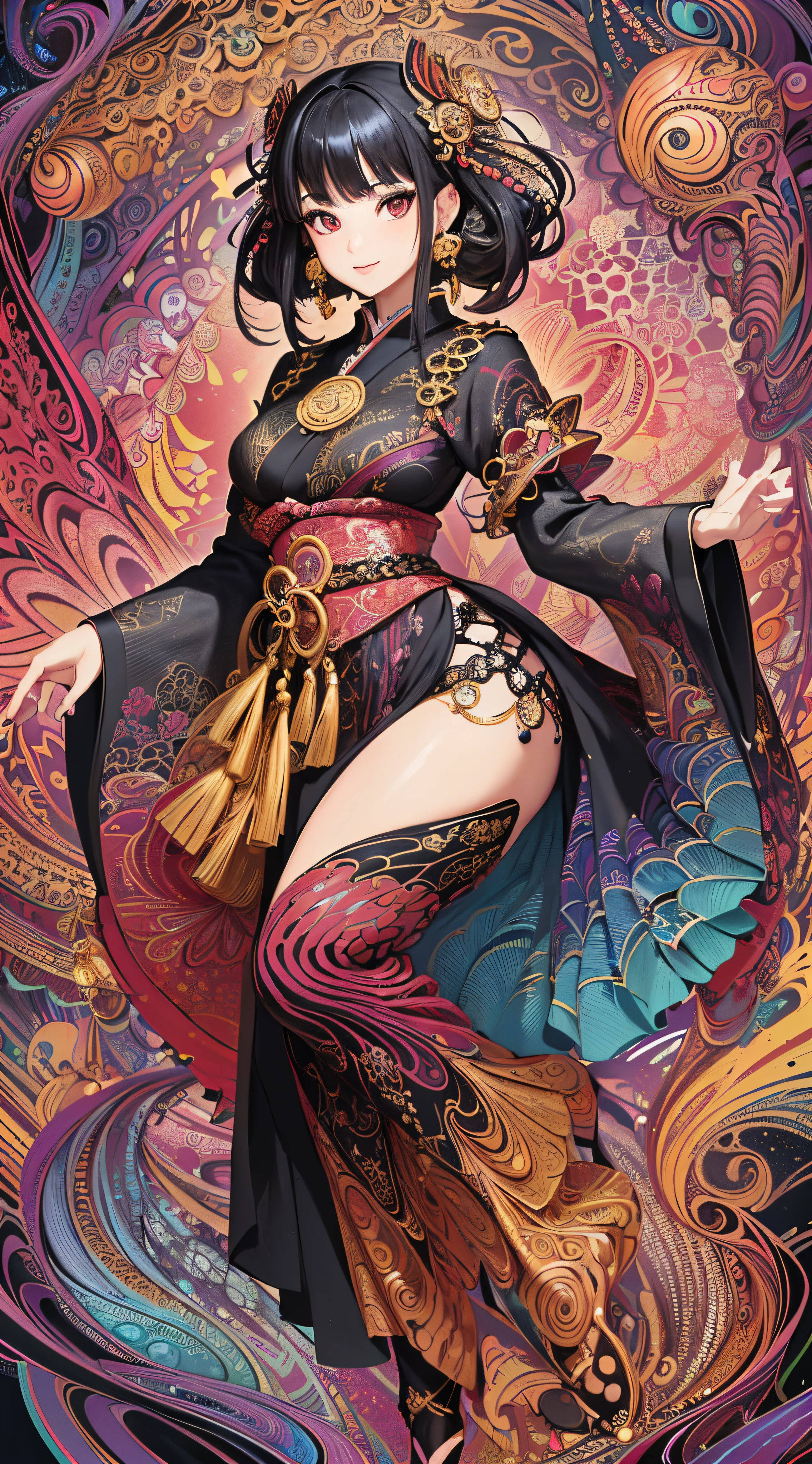 (masterpiece, top quality, best quality, official art, beautiful and aesthetic:1.2), (1girl:1.3), extremely detailed,(fractal art:1.1),(colorful:1.1),highest detailed,(zentangle:1.2), (dynamic pose), (abstract background:1.5), (japanese dress:1.2), (shiny skin), (many colors:1.4), ,(earrings:1.4), (black hair), (hair piece), (confidence smile), (red eyes). (correct the eyes), (proportional eye), (Black Transparent Stocking).