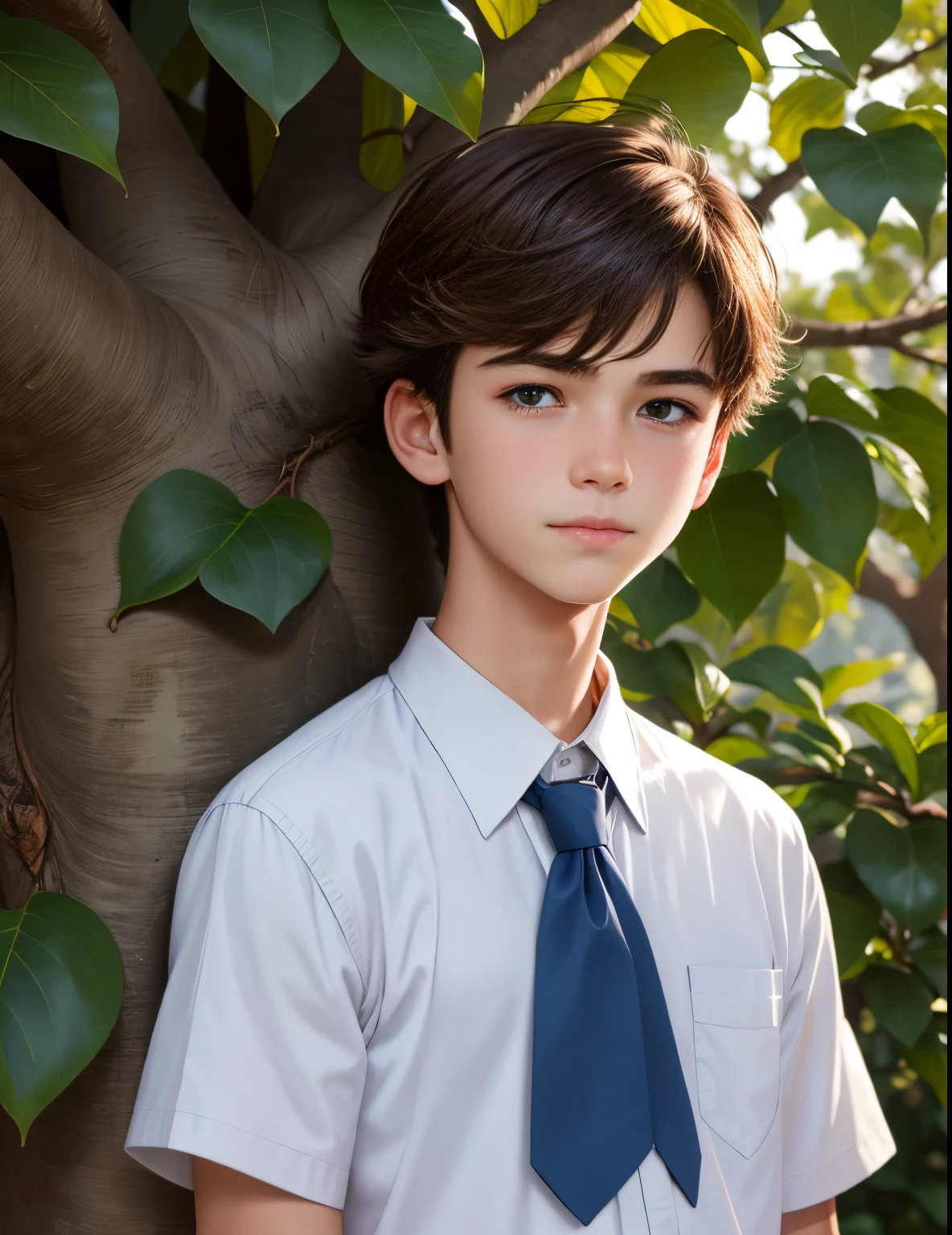 A  or sixteenld boy, py-ey standing on the left side of the magnolia tree, wearing a blue school uniform, a face full of sunlight, brown hair, a gentle smile on his face, a tall posture, a clear face, handsome and handsome