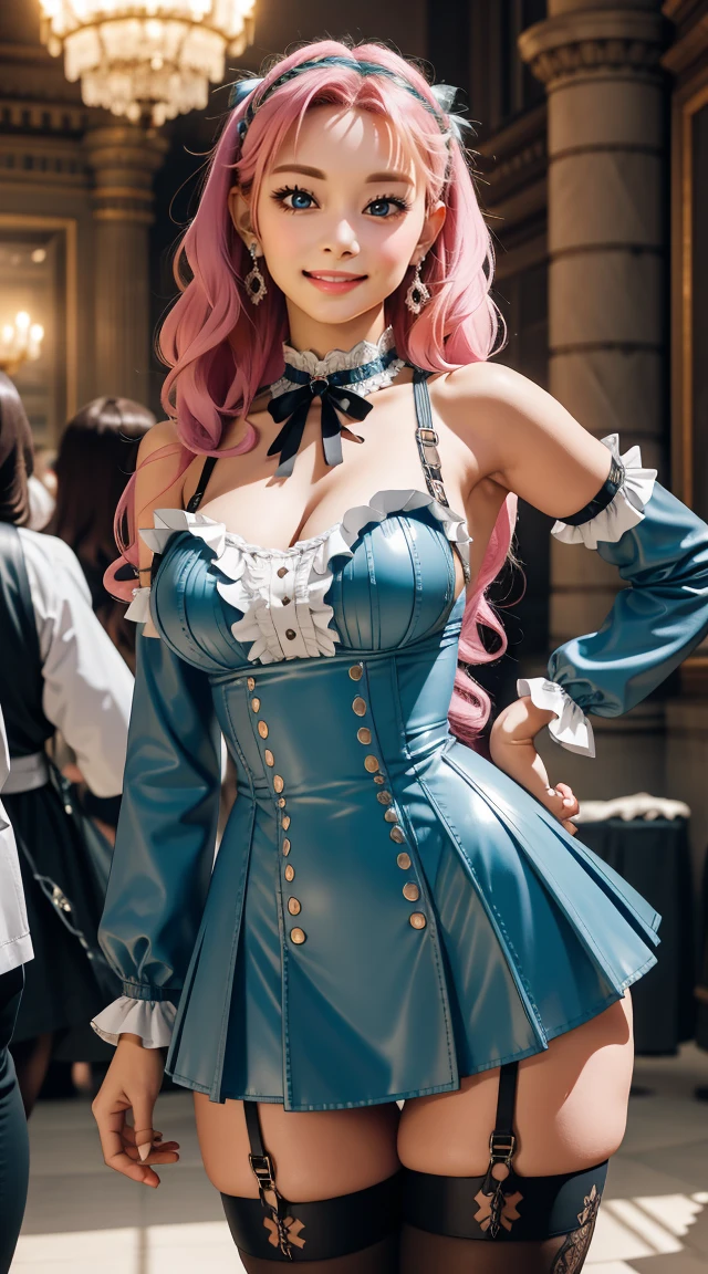 (masterpiece, best quality), 1 girl, curvaceous perfect body, nice breasts, wavy hair, pastel goth, pastel victorian maid minidress with intricate details, straps, leather, frills, thighhighs, busy convention hall with elaborate details, standing pose, contrapposto, afternoon