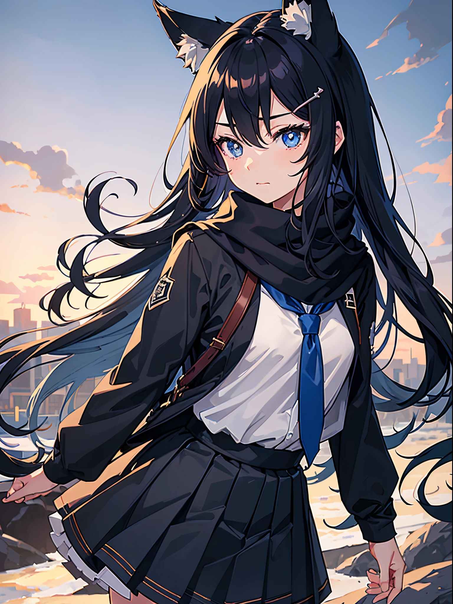 masterpiece, best_quality, 1girl, school_uniform, blue_pupils, black_hair, long_hair, wolf_ears, wolf_tail, hairclip, white_scarf, closed_mouth, perfect_hand, perfect_finger, calm_face, wolf_girl, park, night, solo, walk_home