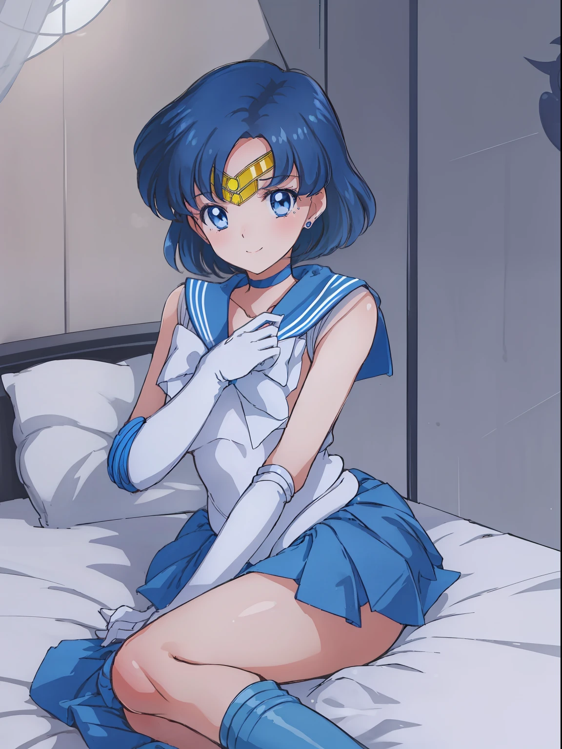 ​masterpiece, top-quality, hight resolution, 8K, Hi-Res, ultra-detailliert, 1girl in, (Anatomically correct), Full limbs, complete fingers, Slender 18 year old beautiful active girl, Brown-eyed, Slender eyes, A dark-haired, extra very short hair, (Black skin:1.2), (Sailor Moon: 1.3), (white  leotard), (Blue sailor color), the bow, (Over-the-knee boots:1.1), a choker, (white glove), Blue choker, (elbowgloves), (a blue skirt), sole、爆乳, Solo, (Curve:1.1), best quality,1woman,nsfw,smile,transparent-negligee,lie on bed