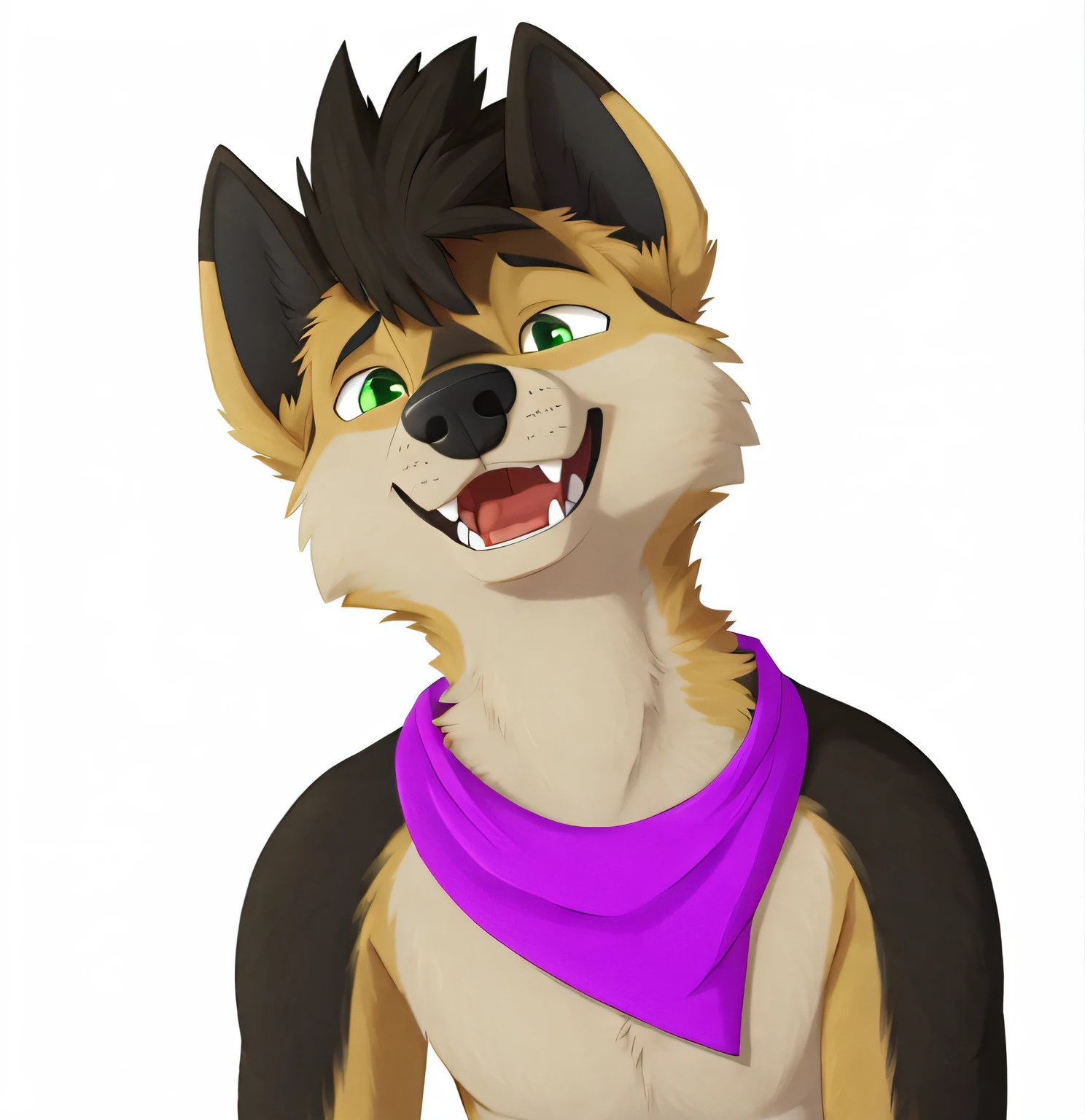 by jishinu, solo, male, german shepherd, purple bandana, black nose, red tongue, open mouth, white teeth, brown hair, spiky hair, standing in the void, very cute, green eyes