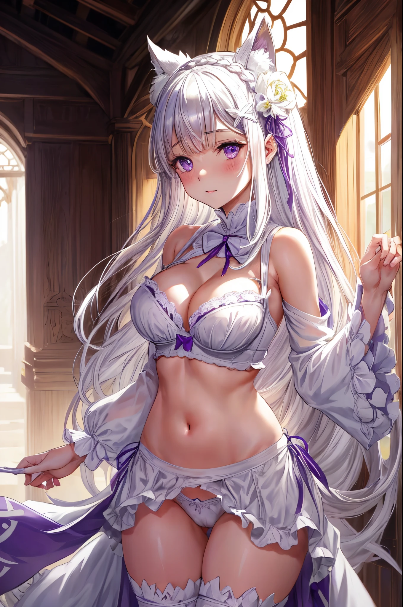 Emilia Re:Zero, white hair, white crown braid, purple ribbons in hair, white flower in hair, white lingerie, x hair ornament, purple eyes, long hair, medium breasts, fox ears, fox girl, 1girl, solo, 

(masterpiece:1.1), (best quality:1.1), (ultra-detailed:1.1), (illustration:1.1), medium breasts, one piece lingerie, bra, panties, camel toe, lacy white lingerie, cleavage cutout, midriff, looking at viewer, cowboy shot, blushing