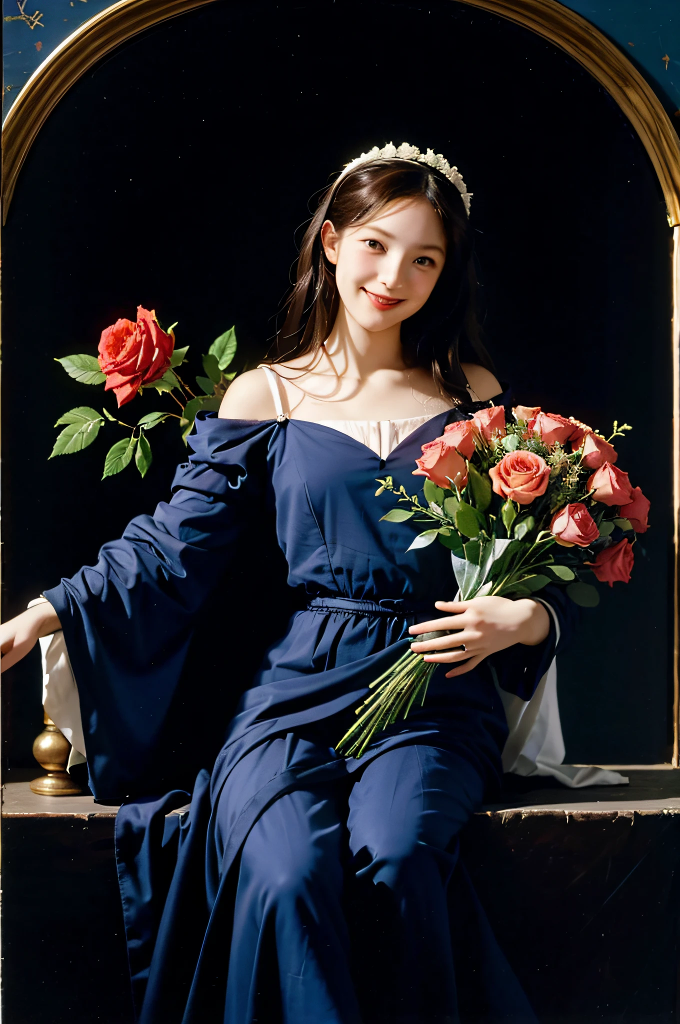 Geometry,stain glass,12 zodiac signs,Vigée Leblanc style,Math、Astronomical utensils,astronault,Roses in a vase,fruits,cute little,A smile,Ancient Greek costumes,Paintings by Sandro Botticelli,Costume with stretched shoulders,huge smile,Caravaggio'shading,large full breasts