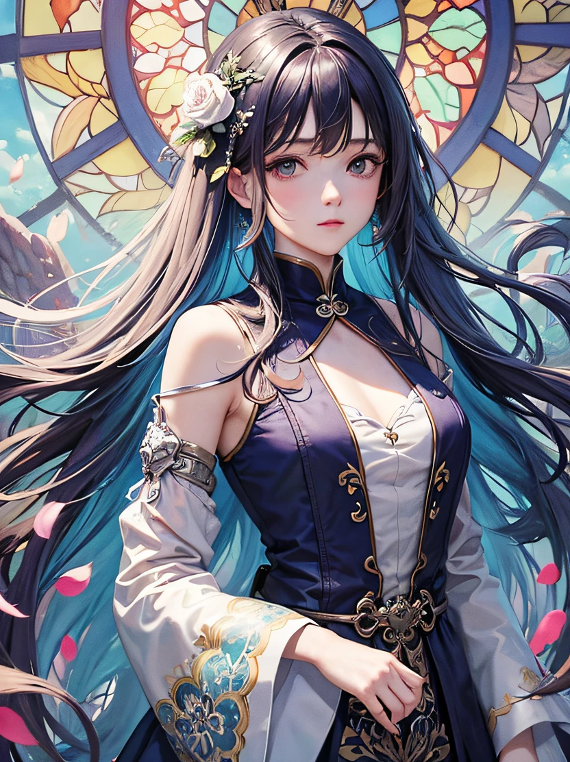 ((​masterpiece、top-quality))、High contrast、High color saturation、Tideplay、Luxley、split-colored hair、the wind、Flying petals、Stained glass with intricate and delicate decorations、2D、line-drawing、watercolor paiting、ink watercolor、Random colored hair、Super long hair、Wave、1girl in、alraune、florals、Detailed hand depiction
