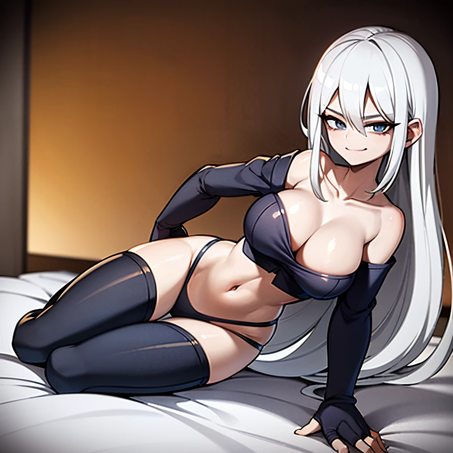 manhua style, young woman, white hair, dark blue jeans, bottom heavy, full body shot, wide thighs, wide hips, toned belly, long hair, 160cm in height, open clothing, relaxed, bedroom scene, smirk.