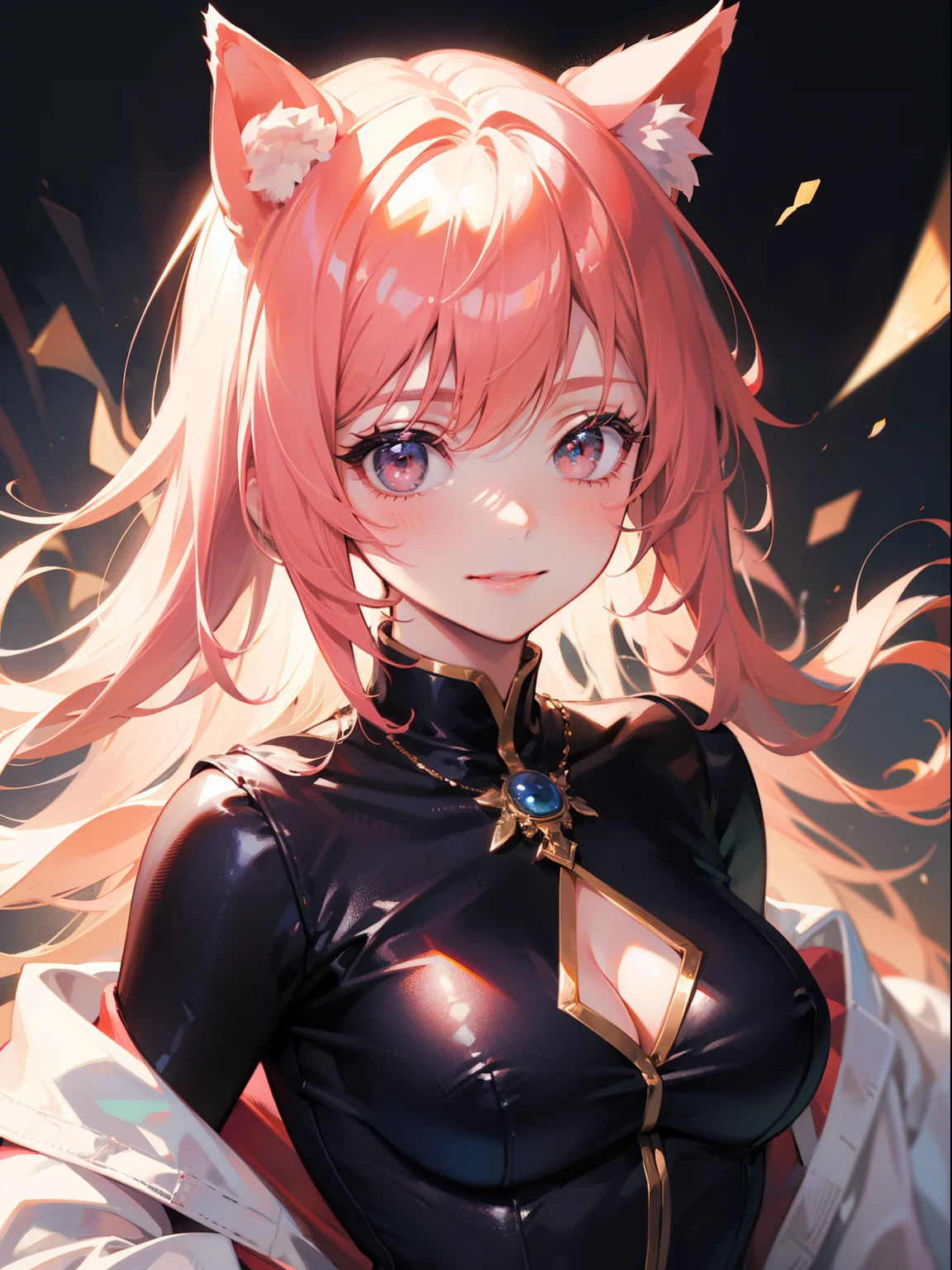 (masterpiece), best quality, ultra high res, sharp focus, a beautiful woman in pink, looks at the viewer, cat ears, smiles