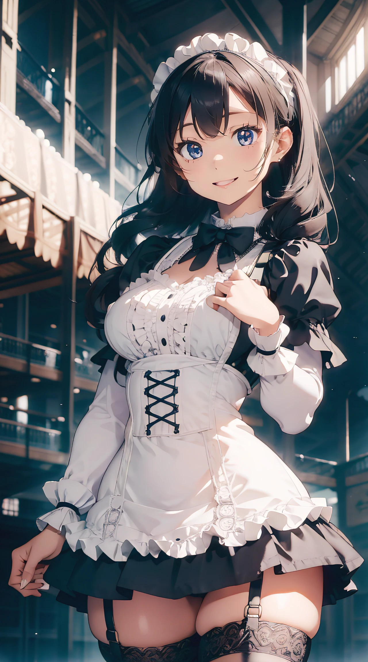 (masterpiece, best quality), 1 girl, curvaceous perfect body, nice breasts, wavy hair, pastel goth, pastel victorian maid minidress with intricate details, straps, leather, frills, thighhighs, busy convention hall with elaborate details, standing pose, contrapposto, afternoon