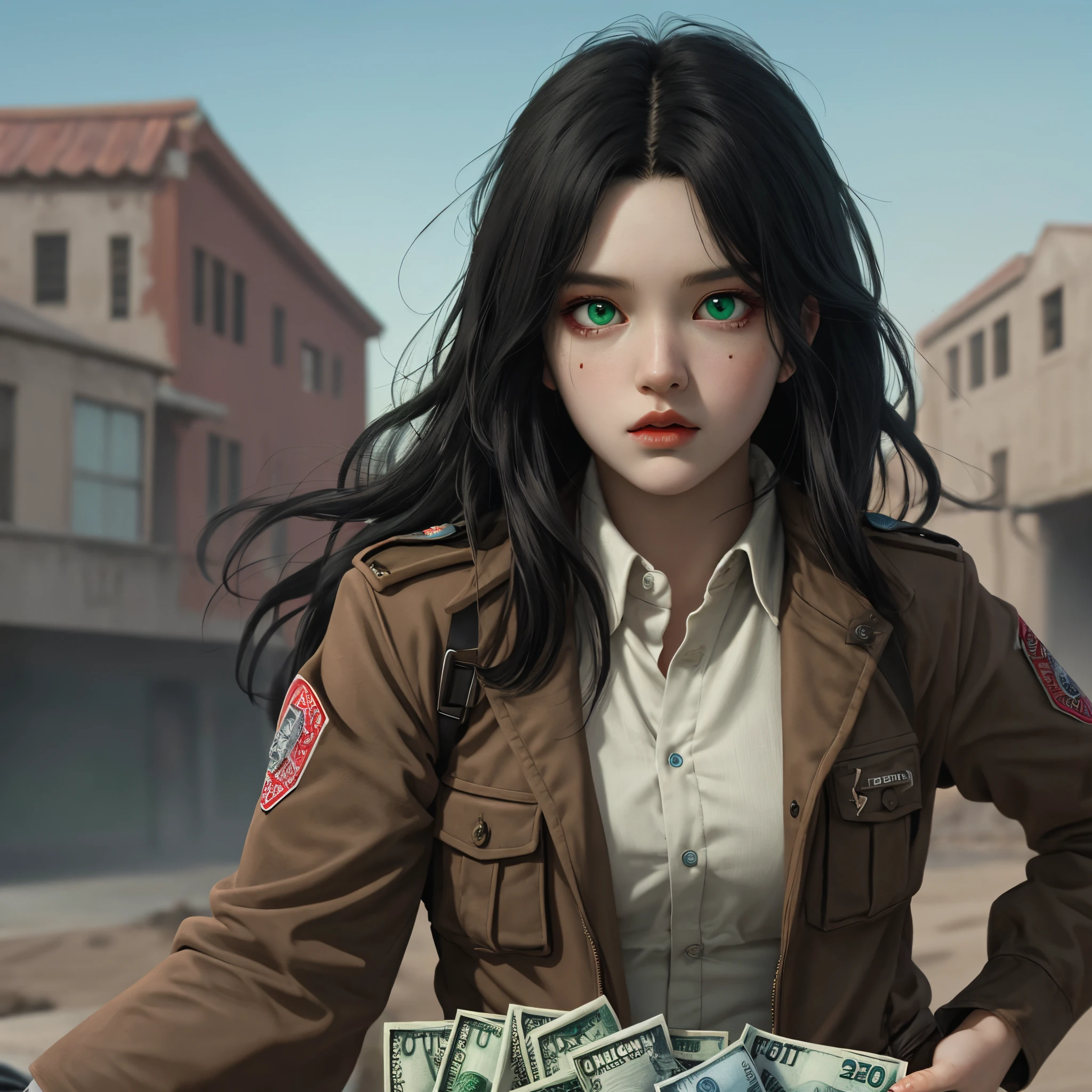 Attack on Titan, Long black hair, Red money piece in hair, green-hazel eyes, woman