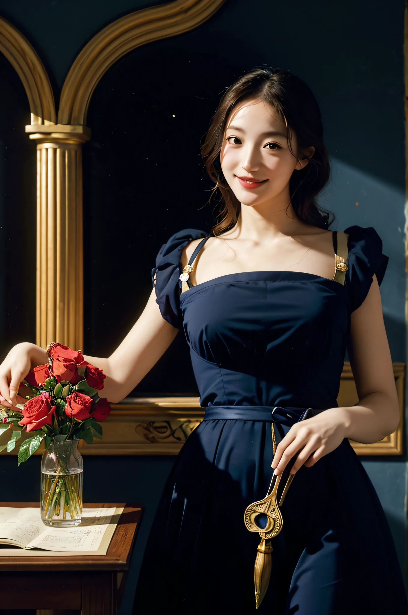 stain glass,12 zodiac signs,Vigée Leblanc style,Math、Astronomical utensils,astronault,Roses in a vase,fruits,cute little,A smile,Ancient Greek costumes,Paintings by Sandro Botticelli,Costume with stretched shoulders,huge smile,Caravaggio'shading,large full breasts