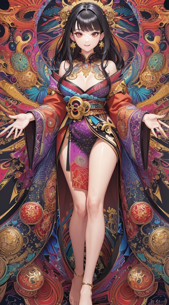(masterpiece, top quality, best quality, official art, beautiful and aesthetic:1.2), (1girl:1.3), extremely detailed,(fractal art:1.1),(colorful:1.1), highest detailed,(zentangle:1.2), (dynamic pose), (abstract background:1.5), (Japanese dress:1.2), (shiny skin), (many colors:1.4), (earrings:1.4), (black hair), (hair piece), (confidence smile), (red eyes). (correct the eyes), (proportional eye).