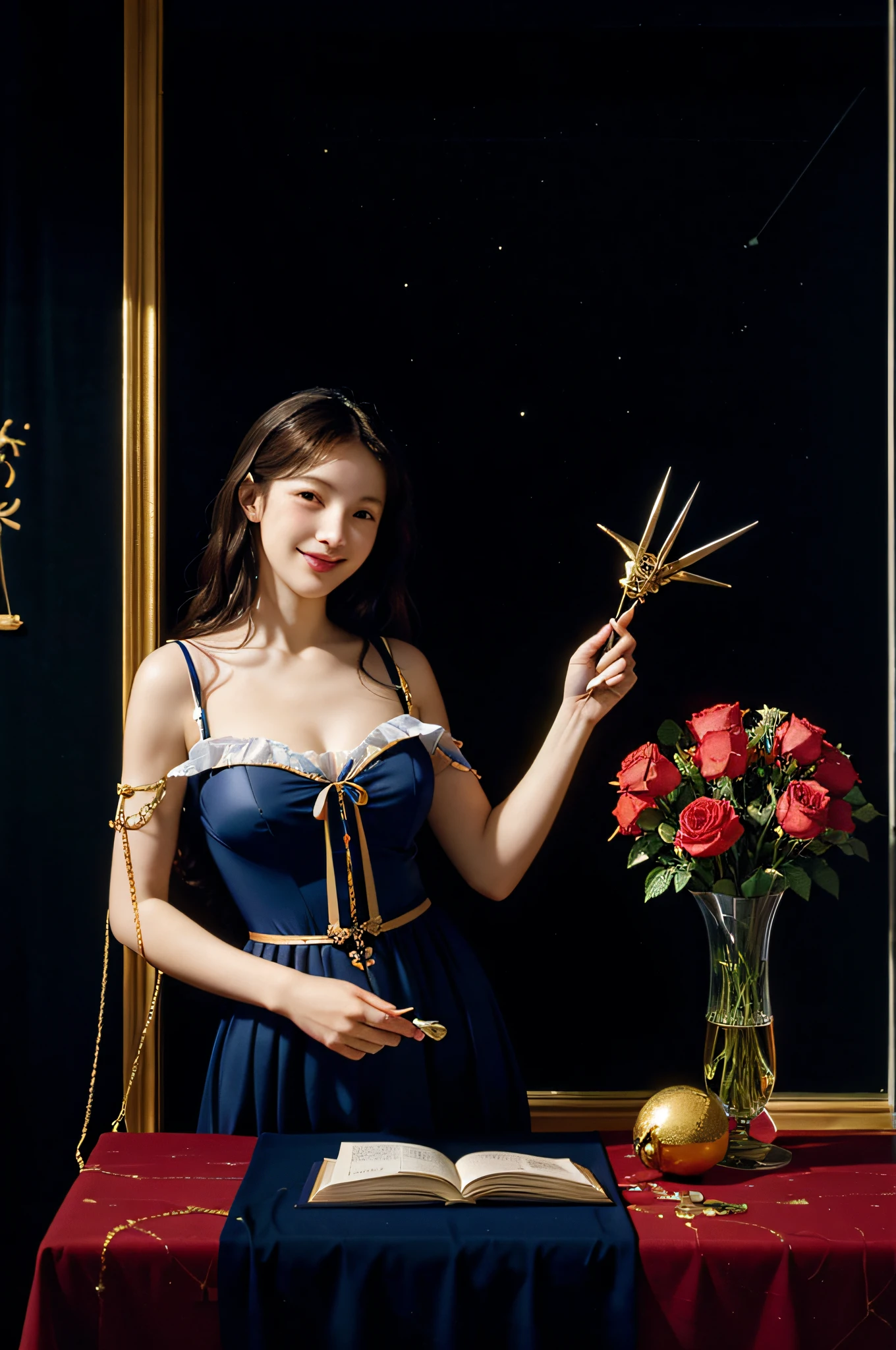 stain glass,12 zodiac signs,Vigée Leblanc style,Math、Astronomical utensils,astronault,Roses in a vase,fruits,cute little,A smile,Ancient Greek costumes,Paintings by Sandro Botticelli,Costume with stretched shoulders,huge smile,Caravaggio'shading,large full breasts