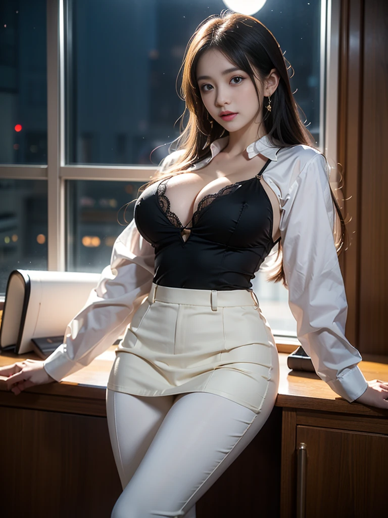 tmasterpiece，Highest image quality，super detailing，Enchanted smile，amazing face and eyes, cosmetics, (extremely detailed beautiful face), (The sexiest look), deep understanding，Naked of breast，(Best quality:1.4), (ultra - detailed), (extremely detaild的 CG unified 8k wallpapers), The content is very detailed, RAW photos, professional photoshooting, ((Open sexy suit)), (Hollow lace business shirt),Stepped skirt，Indoor and below, (Office room, Dark Office, rays of moonlight), (nigh sky), depth of fields,face flushed，raised eyebrow，Very shy，blond hair blue eyes，Sexy female secretary，looking at viewert，Dreamcatcher earrings，epic，concept-art，offcial art，Upturned breasts，nice breasts，Beautiful udder，