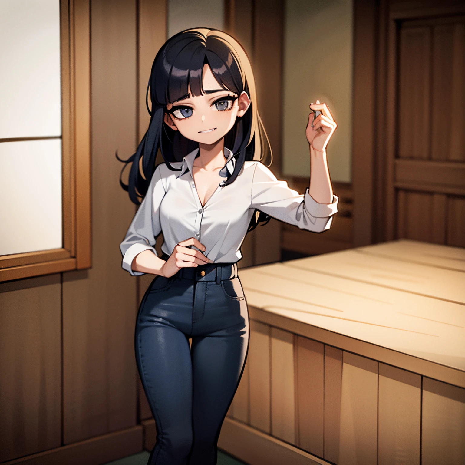 estilo manhua, young woman, cabelos brancos, camisa preta, Dark blue jeans, fundo pesado, tiro de corpo inteiro, coxas largas, quadris largos, barriga tonificada, cabelos longos, 160cm de altura, roupas abertas, Relaxed, cena do quarto, Sorriso.