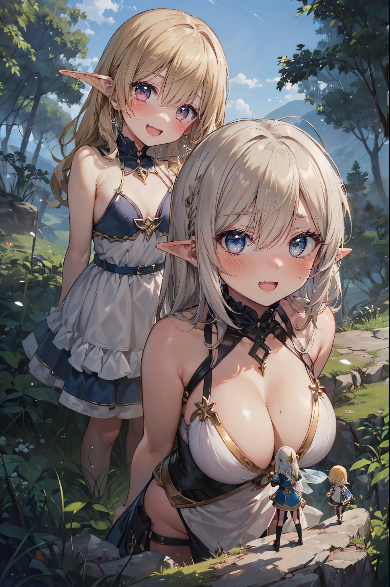 a crowd of adventurers on a valley below the breasts of a giantess, a crowd of adventurers on a valley in front of the breasts of a giantess, (height_difference:1.5), (size_difference:1.2), forest, valley, path, (2girls:1.7), (giantess:1.3), (breasts and face closeup), smug, :o, smiling, happy, (cute sexy dress: 1.3), cleavage, elfgirl, shiny skin, very (tall and petite: 1.1), (adult woman: 1.2), (woman: 1.1), (multiple_girls:1.2), (rear end:1.1), (minigirl:1.3), (minigirl on a hill: 1.2), armor, wizard, knight