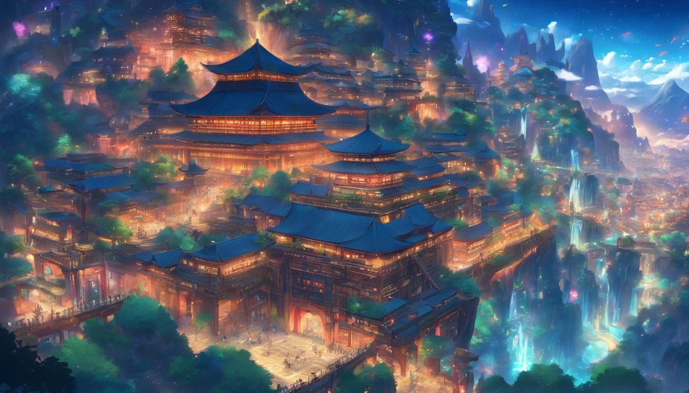 (masterpiece, best quality), world's best theme park, fantasy, magnificent, elaborate structure, sci-fi, view from above, perfect entertainment