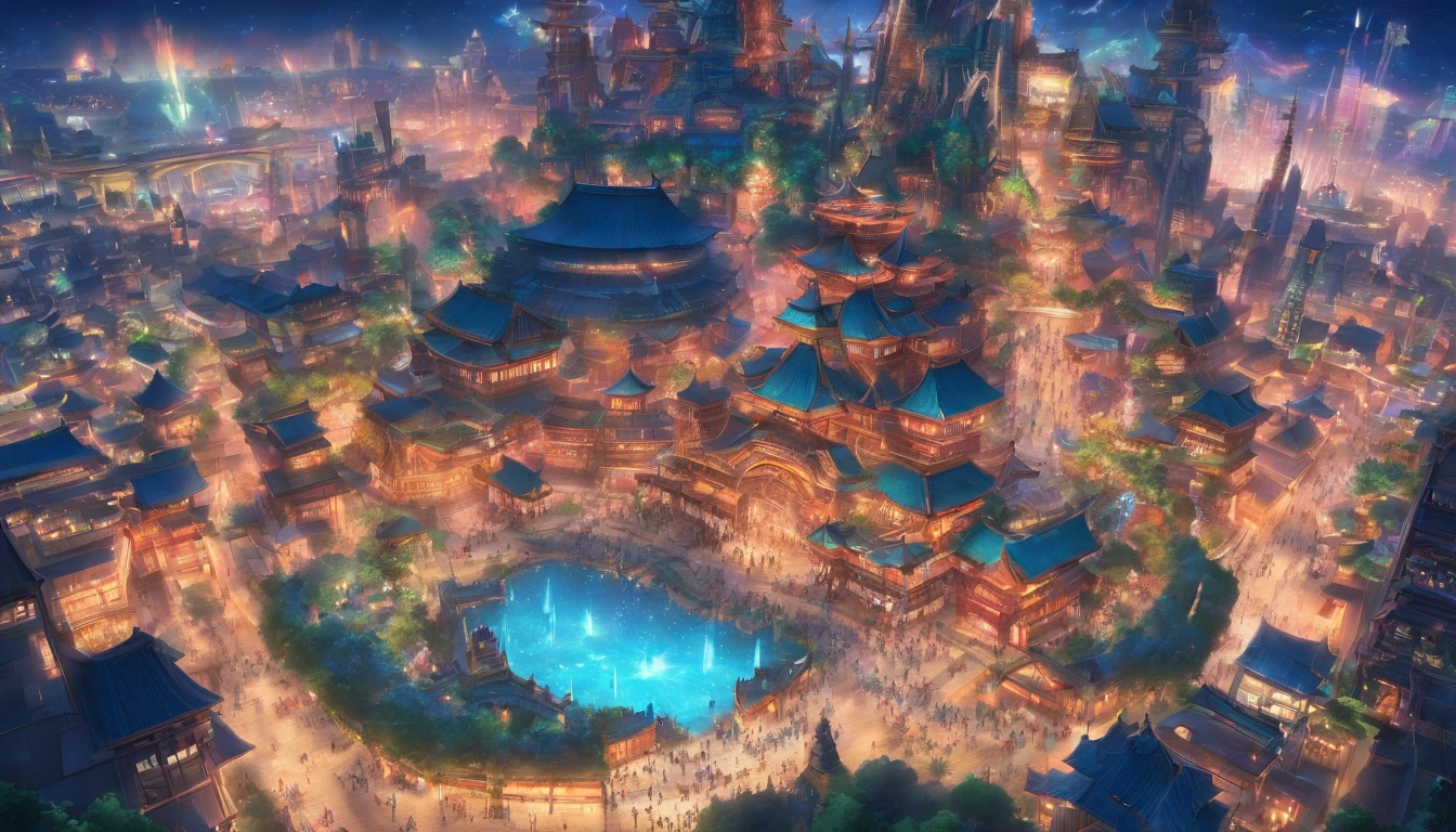 (masterpiece, best quality), world's best theme park, fantasy, magnificent, elaborate structure, sci-fi, view from above, perfect entertainment