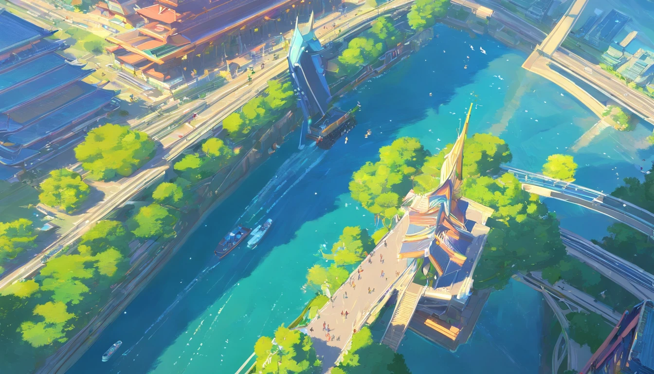 (masterpiece, best quality), world's best theme park, fantasy, magnificent, elaborate structure, sci-fi, view from above, perfect entertainment