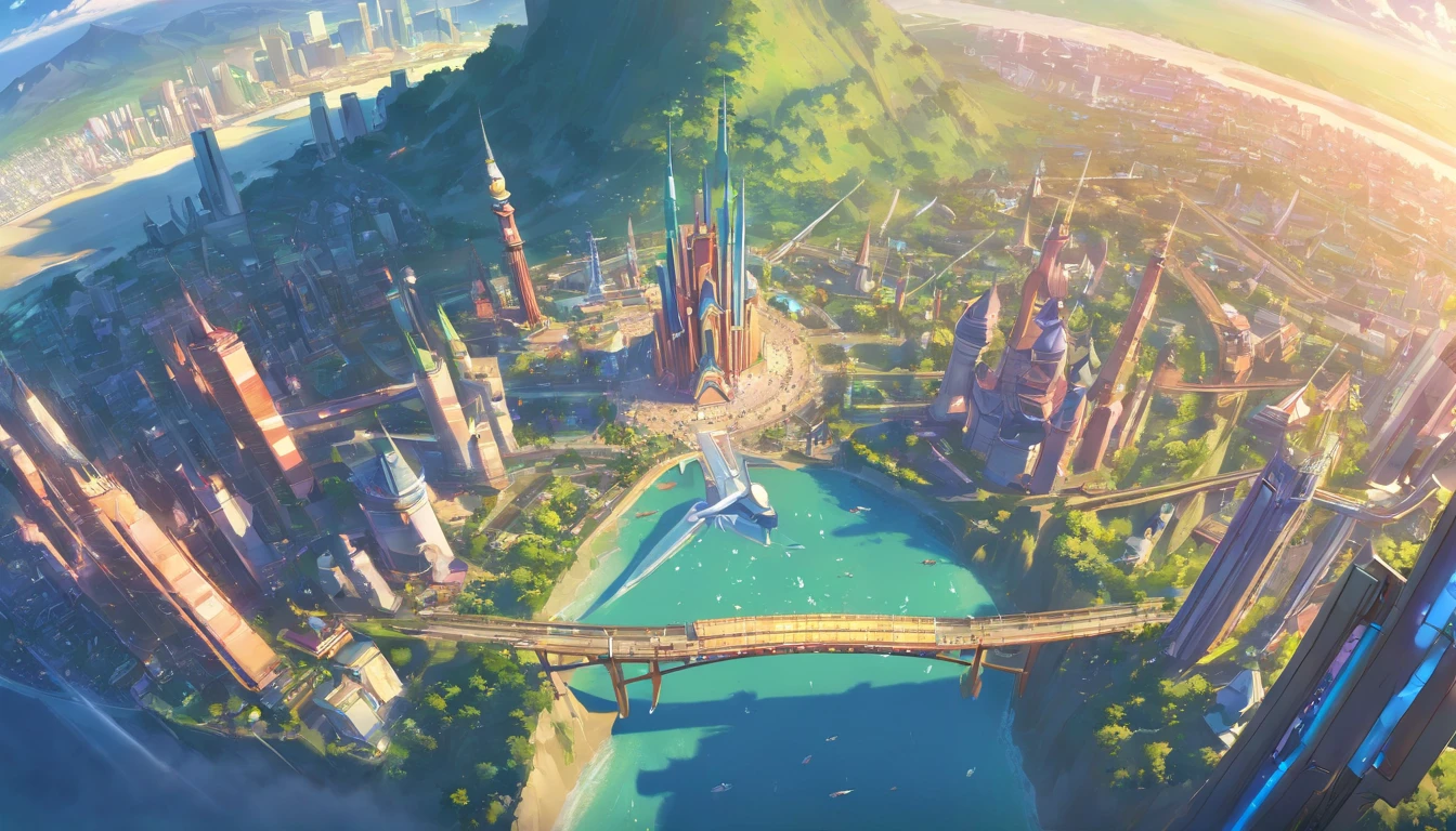 (masterpiece, best quality), world's best theme park, fantasy, magnificent, elaborate structure, sci-fi, view from above, perfect entertainment