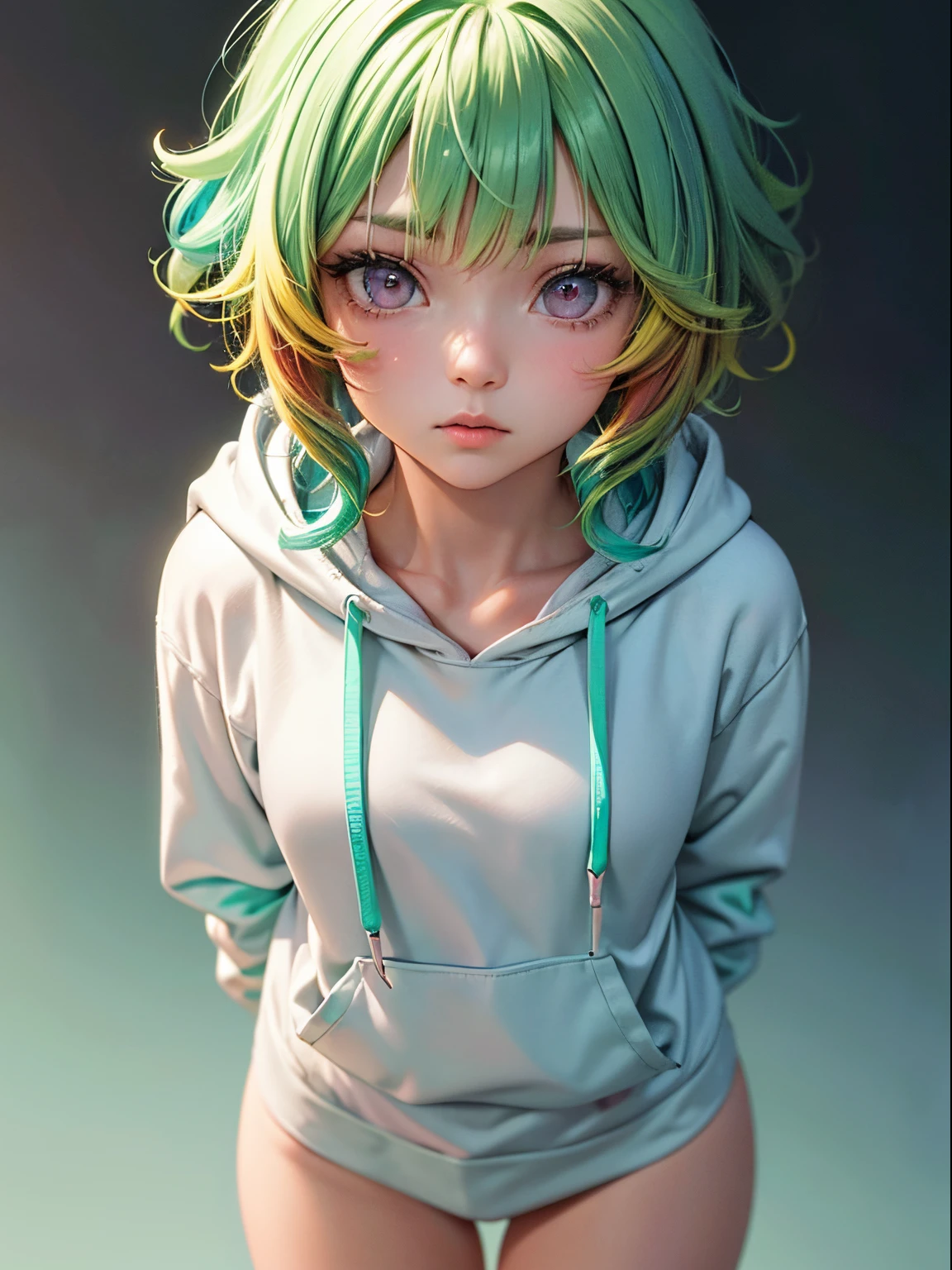 1girl in, Solo, Solo Focus, Cowboy Shot, Portrait, oversized hoodie, Aqua green and white hoodie, Half Aqua, Half Green, ((Brown hair)), (Yellow hair), (Gradient Hair :1.5), Curly hair, ((Pink eyes)), ultradetailed eyes, asa, (Caramel Black Skin:1.1), Best Quality, Ultra-detailed, White background, Simple background，White panty、