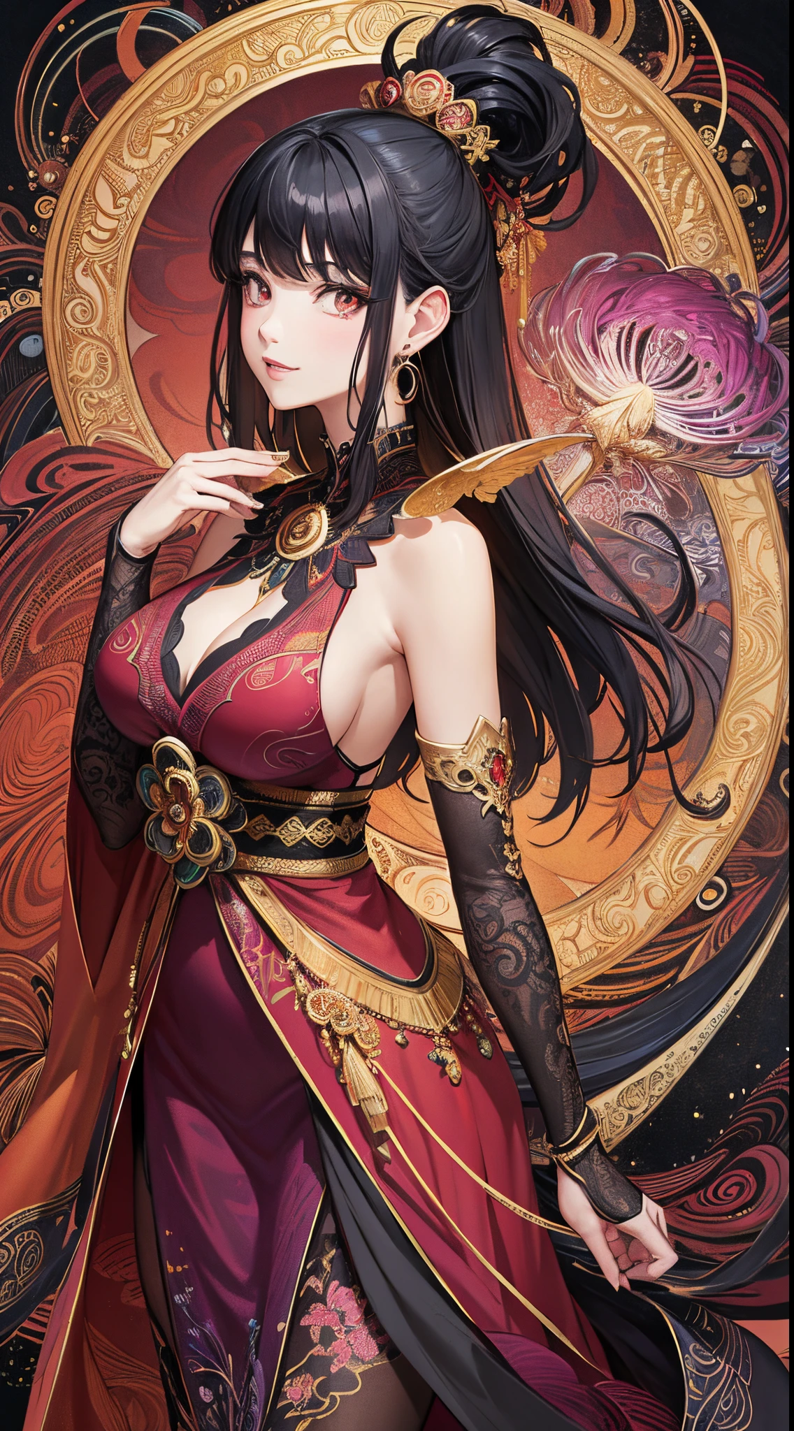 (masterpiece, top quality, best quality, official art, beautiful and aesthetic:1.2), (1girl:1.3), extremely detailed,(fractal art:1.1),(colorful:1.1),highest detailed,(zentangle:1.2), (dynamic pose), (abstract background:1.5), (japanese dress:1.2), (shiny skin), (many colors:1.4), ,(earrings:1.4), (black hair), (hair piece), (confidence smile), (red eyes). (correct the eyes), (proportional eye), (Black Transparent Stocking), (phoenix dress).