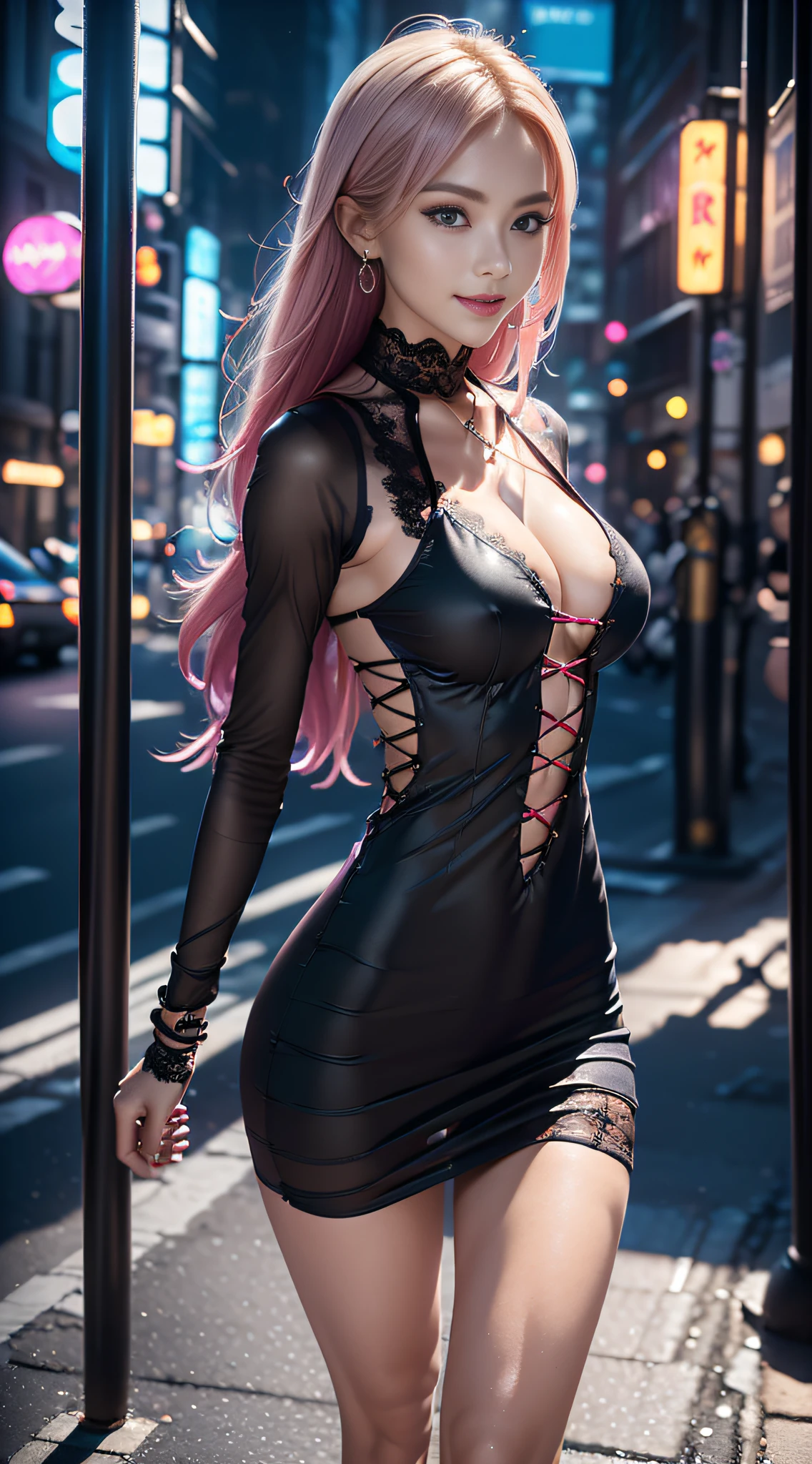 8k, masterpiece, RAW photo, (best quality, detail:1.3),photorealistic, extremely detailed CG unity 8k wallpaper, professional photography, ((Hyperrealism:1.2)), (focus sharpness:1.2), Depth of field, Cinematic Light, Lens Flare, Ray tracing, (extremely beautiful face, beautiful lips, beautiful eyes), intricate detail face, ((ultra detailed skin)), 1girl, in the dark, deep shadow, pretty girl, with a perfect body, (perfect proportions), (((anatomically correct))), accurate textured skin, (very slim slender fit-muscled body:1.18), ((looking at viewer)),(big smile), (tight mini dress), (shot sleeve) , (city night, (neon sign), (night), earrings, bracelets, necklace, pantyhose, clear eyes, walking , (pale skin), face forward, (big eyes), ((upper body shot)), tight-fitting dress, silk dress, laced dress, ((Tight lace-up dress)), (Midi dress), (see through dress), turning back, back shot, very slim, slander, blond twin drills hair, magenta color dress, tight ultra mini skirt