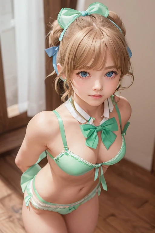 Adorable、((14years))、 cowboy shot, ((Medium-sized breasts))、((Twin-tailed)), ((long beautiful blonde hair))、((blue eyes girl))、in modern room, hair scrunchie, Shiny skin, Best Quality, 超A high resolution, photographrealistic, ultra-detailliert, 8K, Raw photo, pov hand,bra very、Light green bra、Light green panties、((Hair ribbon:1.5))、A smile、((Cute ruffled underwear))、Young features、((Squatting Pose))、Open legs