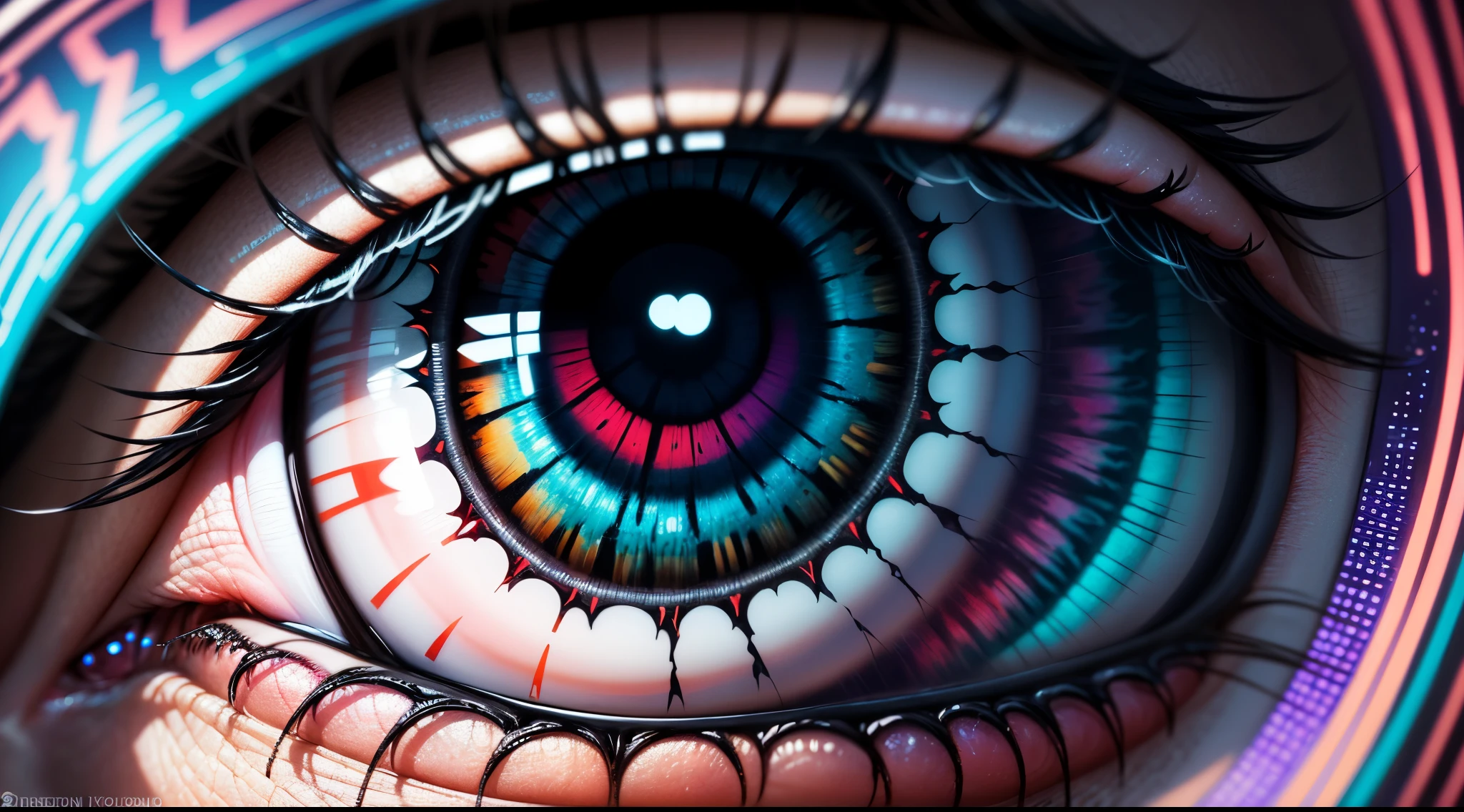 a close up of a colorful eye with a lot of colors, highly detailed and hypnotic, highly detailed visionary art, hyper - detailed visionary art, intricate artwork. neon eyes, hyperdetailed eyes, ultra detailed color art, highly detailed 4 k art, bright colors highly detailed, ultra-detailed digital art, hyper detailed visionary art, super detailed eyes, hyper detailed eyes
