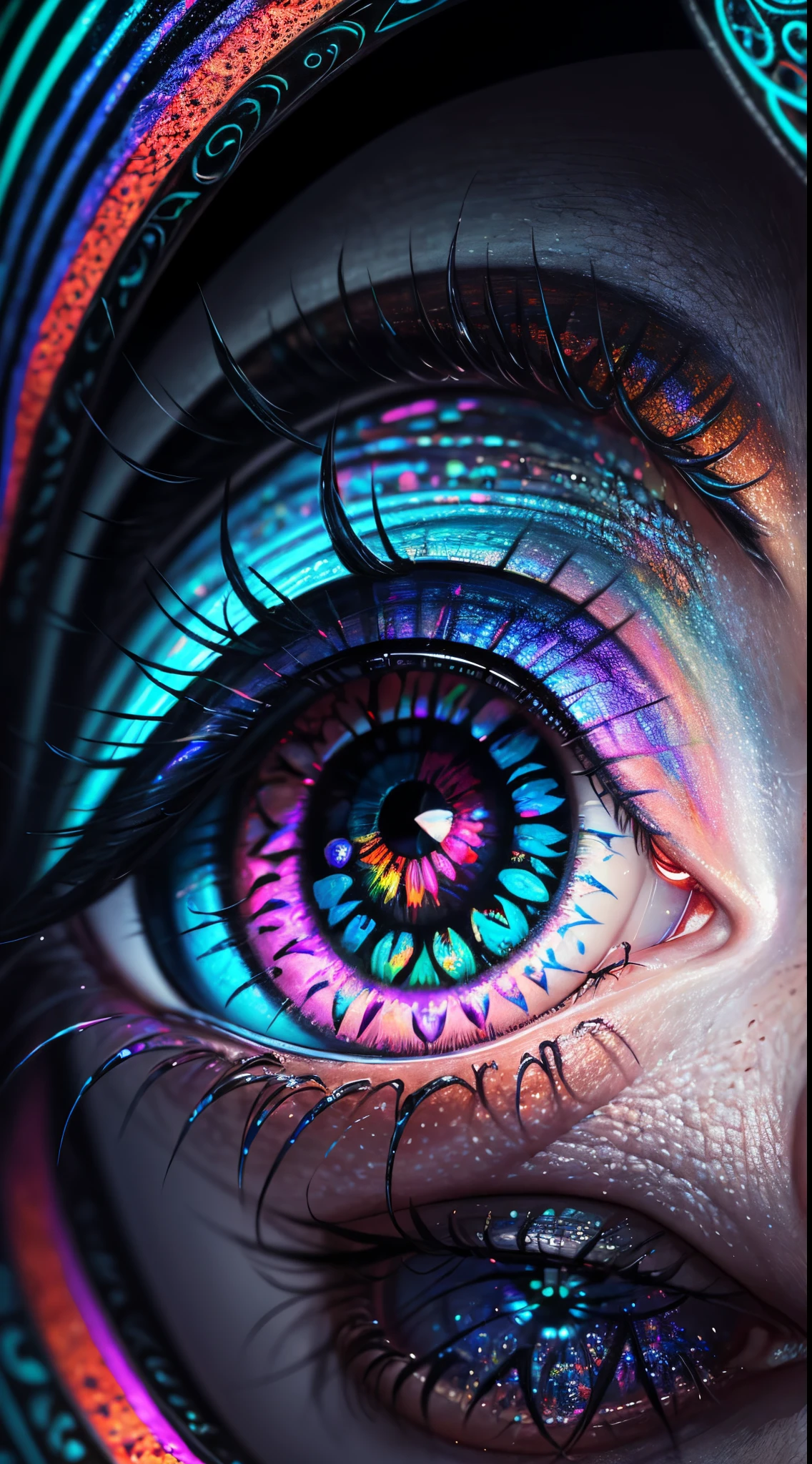 a close up of a colorful eye with a lot of colors, highly detailed and hypnotic, highly detailed visionary art, hyper - detailed visionary art, intricate artwork. neon eyes, hyperdetailed eyes, ultra detailed color art, highly detailed 4 k art, bright colors highly detailed, ultra-detailed digital art, hyper detailed visionary art, super detailed eyes, hyper detailed eyes