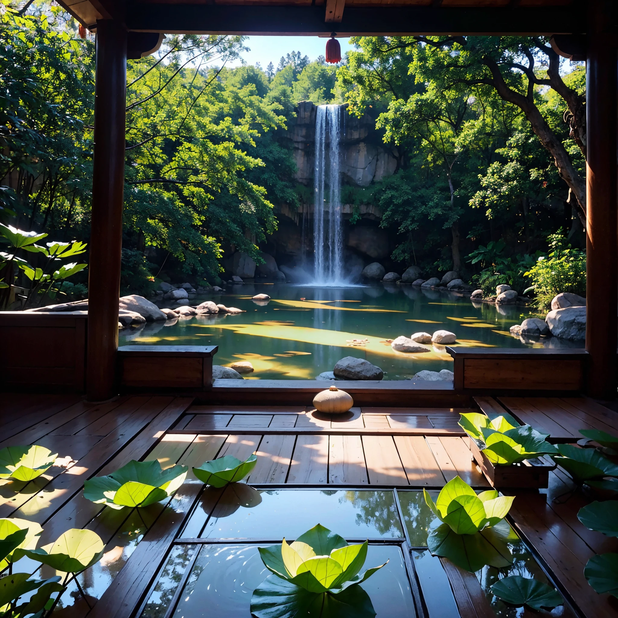 In a wooden room with elements of traditional Japanese architecture、sitting cross-legged on a large, round, soft cushion、Highly detailed digital illustration of a young girl with short pink bob hair and bright pink eyes。The girl was wearing black and blue frilly short-sleeved pajamas.、Has a calm, neutral expression。The room is、It opens up to a magnificent view of a magnificent waterfall cascading down, surrounded by lush greenery.、The sunlight pours in, creating a tranquil atmosphere.。Small potted plants are placed symmetrically on either side of the girl.、It emphasizes the natural and calm atmosphere of the scene.。The lighting is soft、Natural light comes in through the open door、Softly illuminating the girl、It casts subtle shadows that highlight the texture of the clothes and the wooden elements of the room.。The viewpoint is slightly below the front、Focusing on the girl、It captures the waterfall and green landscape in the background.。The overall atmosphere is peaceful and meditative.、Character costume details、Hair Texture、Great attention to detail in the natural elements of the background。