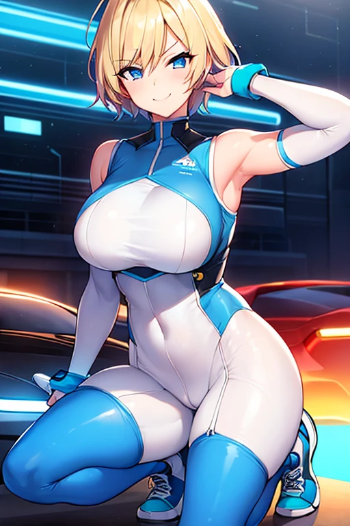 1girl, breasts, wide hips, large breasts, blonde hair, short hair, very short hair, hair, blue eyes, smile, white bodysuit, bodysuit, pantyhose, futuristic, tech, machinery, science-fiction, shoes, sneakers, neon trim, blue neon trim, neon, car, sports car, sport car, smirk, smug