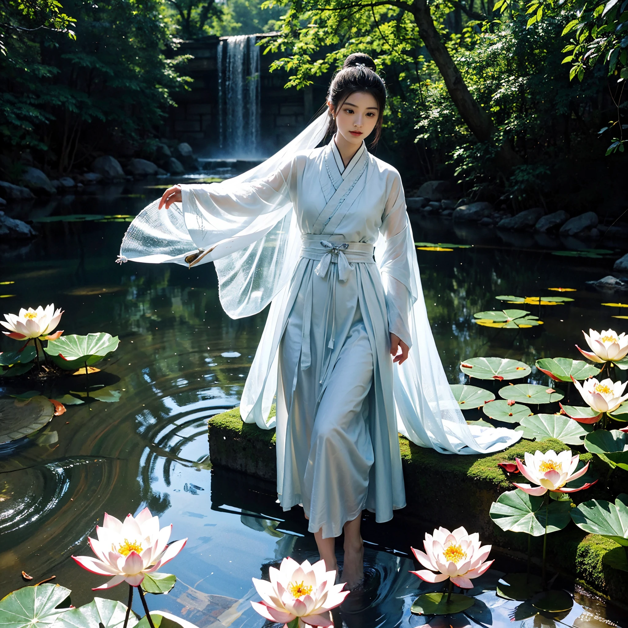 realisticlying, Close-up Shot Shot，The upper part of the body，Complicated details, ultra - detailed, Natural skin texture, 1 rapariga, Bunched hair，hair-bun，Beautiful Chinese woman wearing white Hanfu robe cloak，faeries，White mist，Golden light，White mist，Outdoors，In Hangzhou West Lake，In ancient Chinese pavilions，（colorful、vividness、rays of sunshine、Cool light：1.2）Lotus leaves in a pond，exquisit facial detail，Dynamic posture，exquisite detailing，Broad perspectives，epic detail ighly detailed，Global illumination - AR 3:2 - q 5 - v 5.1 - Style RAW - S 750，in the style of influenced by ancient chinese art，复杂，high detal，tack sharp focus，драматичный，Photorealistic painting art，Lotus leaf，Spring rain，brightly，llight rays，atmospurate，Bright shades of spring，super detailing，16k，best qualtiy，softlighting，the space，crystal-clear，natural soft light，Surreal photography，