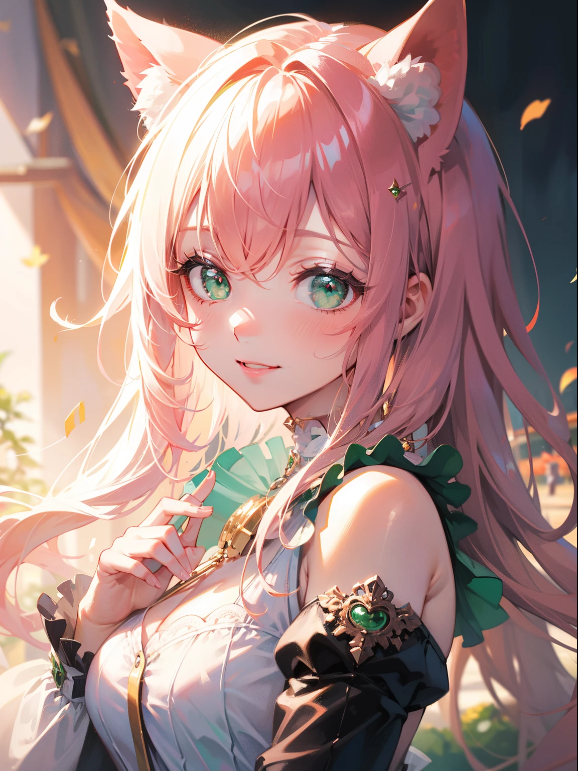 (masterpiece), best quality, ultra high res, sharp focus, a beautiful woman in pink, green eyes, looks at the viewer, cat ears, smiles