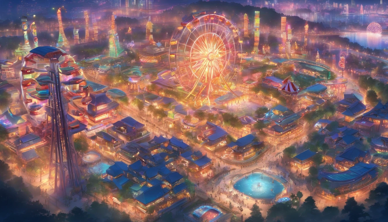 (masterpiece, best quality), world's best theme park, fantasy, mega rollercoasters, giant ferris wheels, massive water park, magnificent, elaborate structure, sci-fi, view from above, perfect entertainment