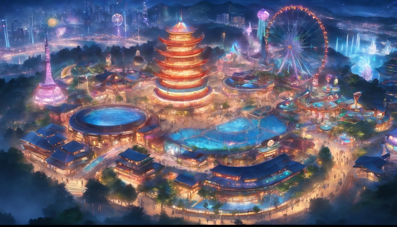 (masterpiece, best quality), world's best theme park, fantasy, mega rollercoasters, giant ferris wheels, massive water park, magnificent, elaborate structure, sci-fi, view from above, perfect entertainment