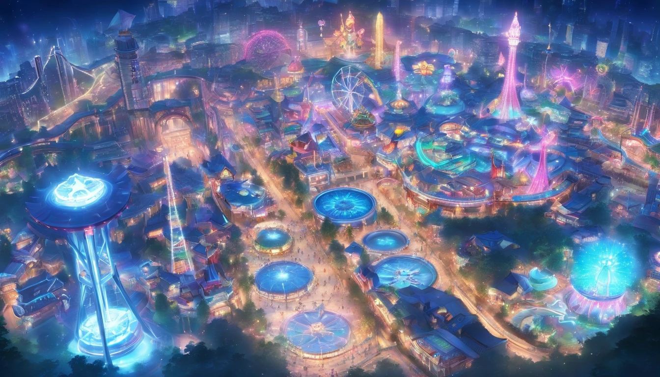 (masterpiece, best quality), world's best theme park, fantasy, mega rollercoasters, giant ferris wheels, massive water park, magnificent, elaborate structure, sci-fi, view from above, perfect entertainment