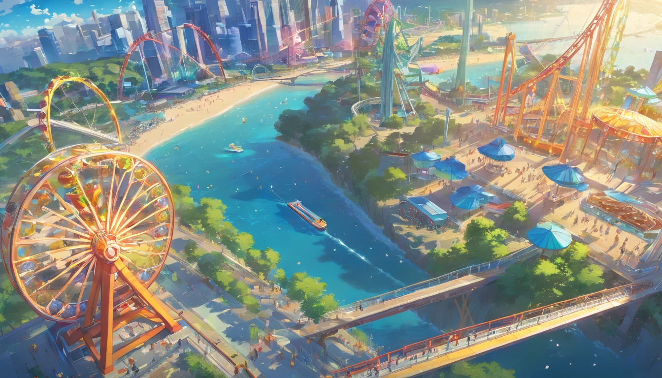 (masterpiece, best quality), world's best theme park, fantasy, mega rollercoasters, giant ferris wheels, massive water park, magnificent, elaborate structure, sci-fi, view from above, perfect entertainment