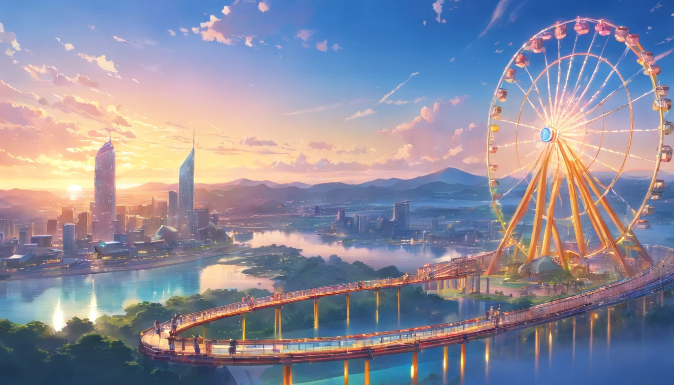 (masterpiece, best quality), world's best theme park, fantasy, mega rollercoasters, giant ferris wheels, massive water park, magnificent, elaborate structure, sci-fi, view from above, perfect entertainment