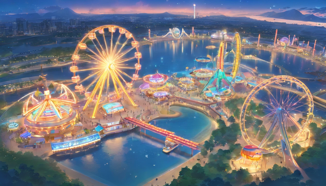 (masterpiece, best quality), world's best theme park, fantasy, mega rollercoasters, giant ferris wheels, massive water park, magnificent, elaborate structure, sci-fi, view from above, perfect entertainment