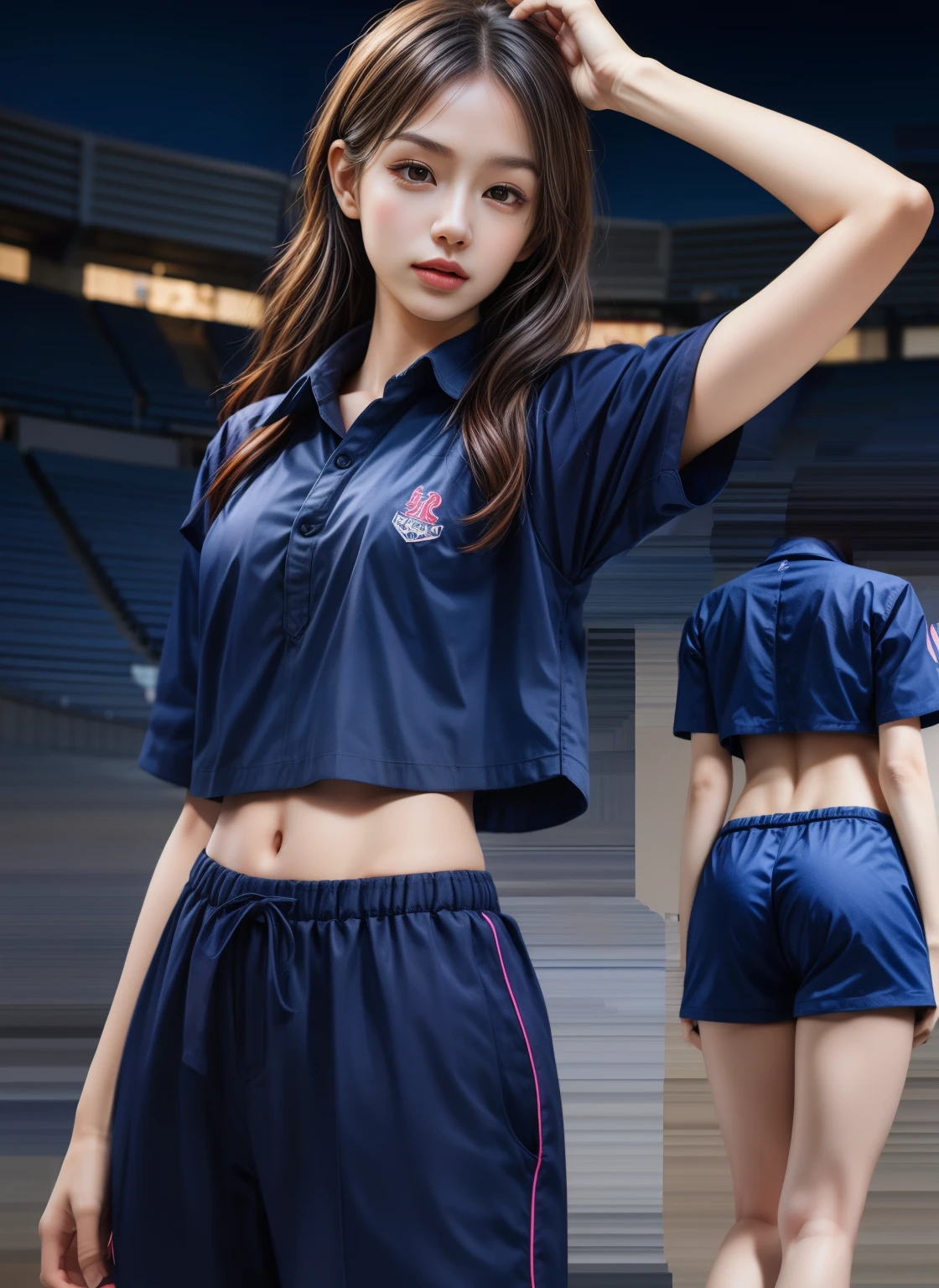 (bestquality,10,10,highres,masterpiece:1.2),ultra-detail,(Realistic,photorealistic portrait,photo-realistic:1.37),1 Cute girl in the football field,oily shiny skin,bara,light smile,BDclothes,((blue shirt:1.3)),short sleeves,shirt, trousers.,(navy_long_Pants Track:1.1), ((Stadium Background:1.3)),dynamic angle,excited,face focus,Dynamic Poses,from behide,Ass Focus,masterpiece, bestquality, ultra realistic, hyper-detail, 8k resolution, RAW photo, crisp focus, ((Navy blue shirt:1.1)), short sleeves, Long Path, Perfect body, 2 mature women, 18yo, cinematic light,Blue sweatpants,Gymware,Correct anatomy,Complete body, Correct body, sharp face, Anatomically correct body, full entire body, Realistic gestures, long-haired, Realistic poses,Wear long shorts.........................,Long leg span,Shapely,Sculpting Girl, Slender Figure, mannequin mannequins, Shapely, Beautiful body,Blue sweatpants, Two girls kissing