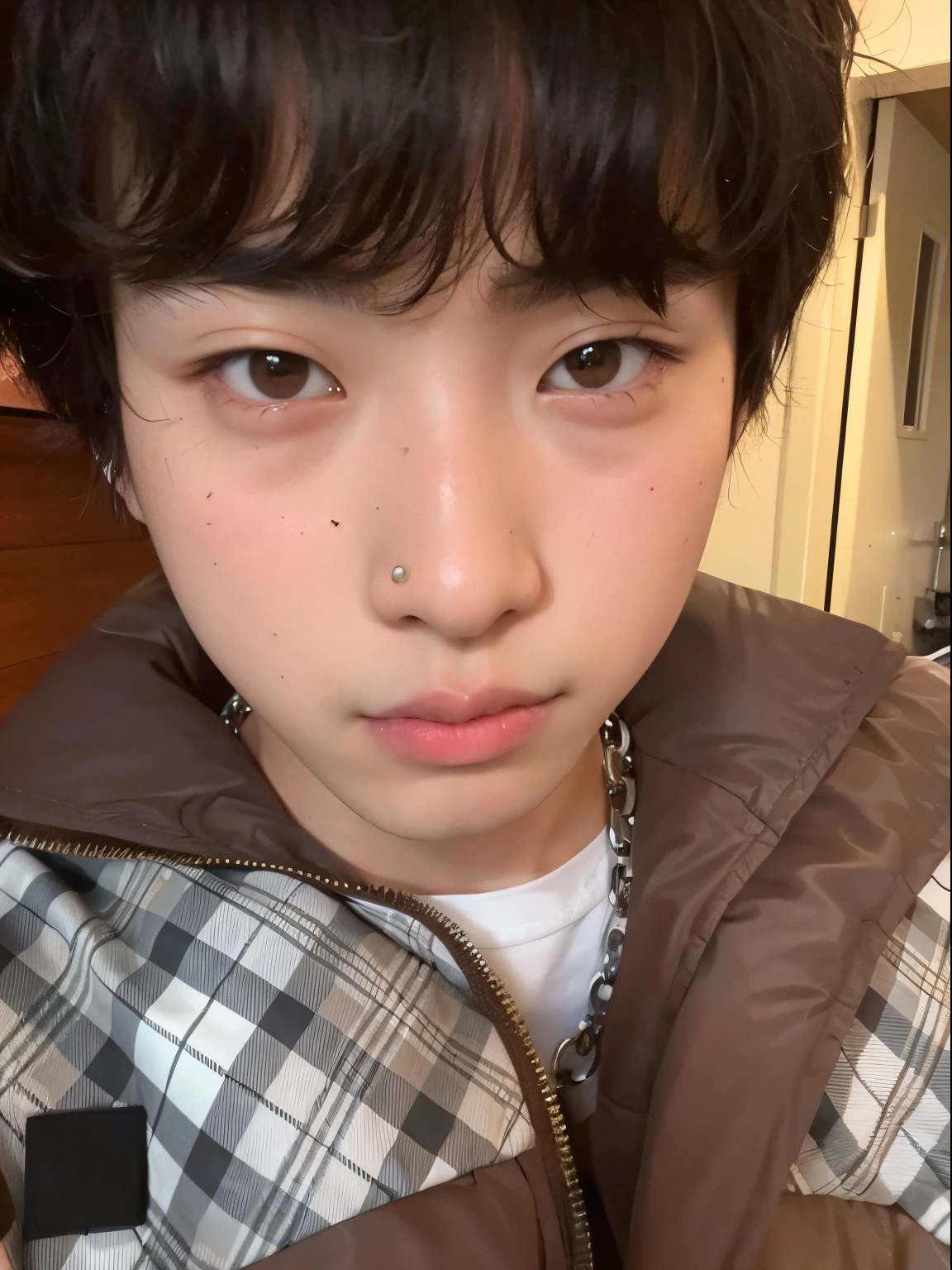 edgy Asian boy in a brown jacket and a white shirt, Jimin\'s right eyelid swollen, Jinyoung Canela, 1 7 - - mensto magro, Kim Doyoung, Jimin\Plump lips, cara fina do menino, T Kim, cara perfeita e menino, Rosto cente, Jungkook, rosto bonito claro, wan adorable korean face