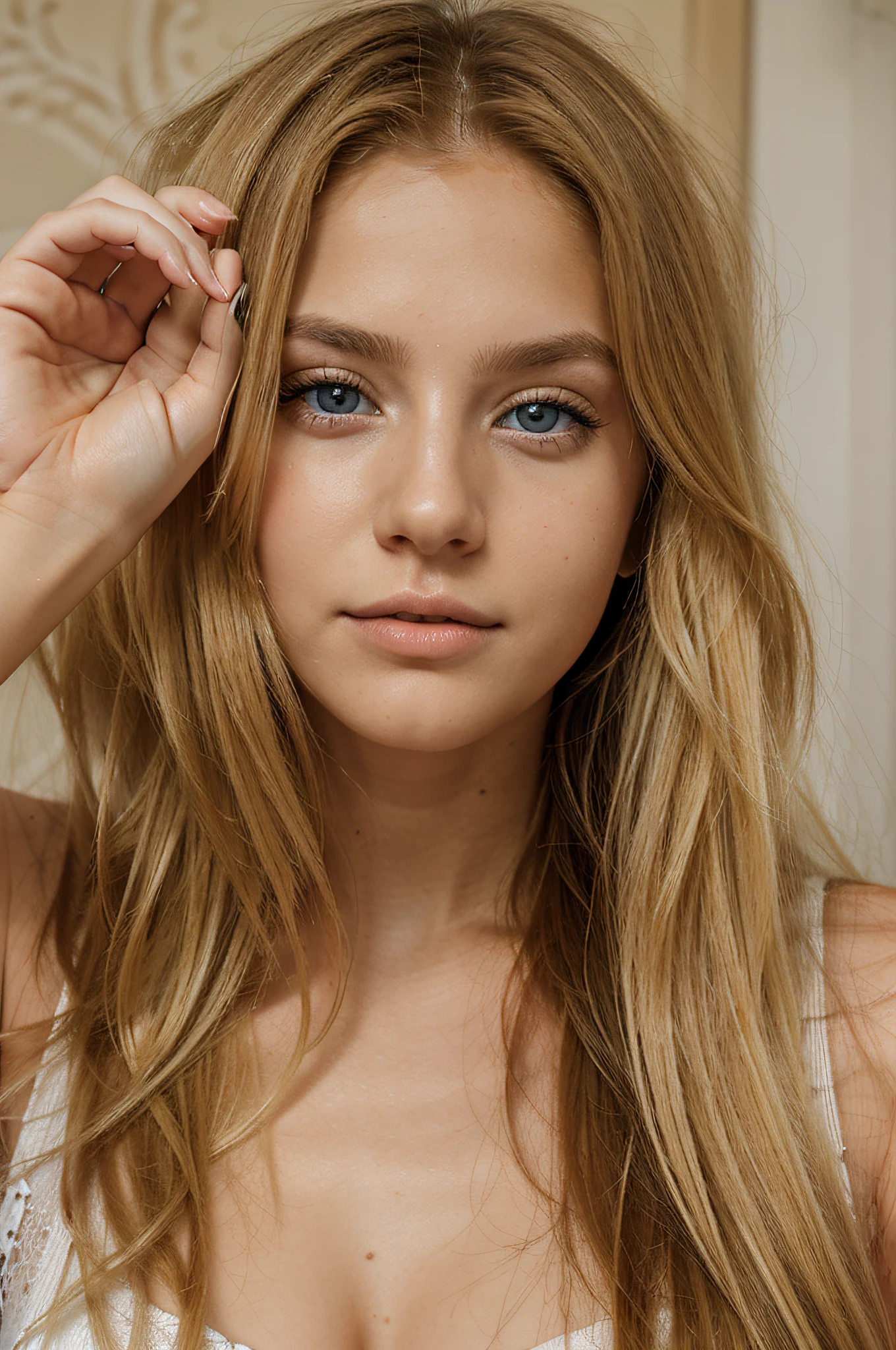 21 year old woman long, almost golden blonde hair, nariz perfilada, ojos azules, foto retrato que se vea natural