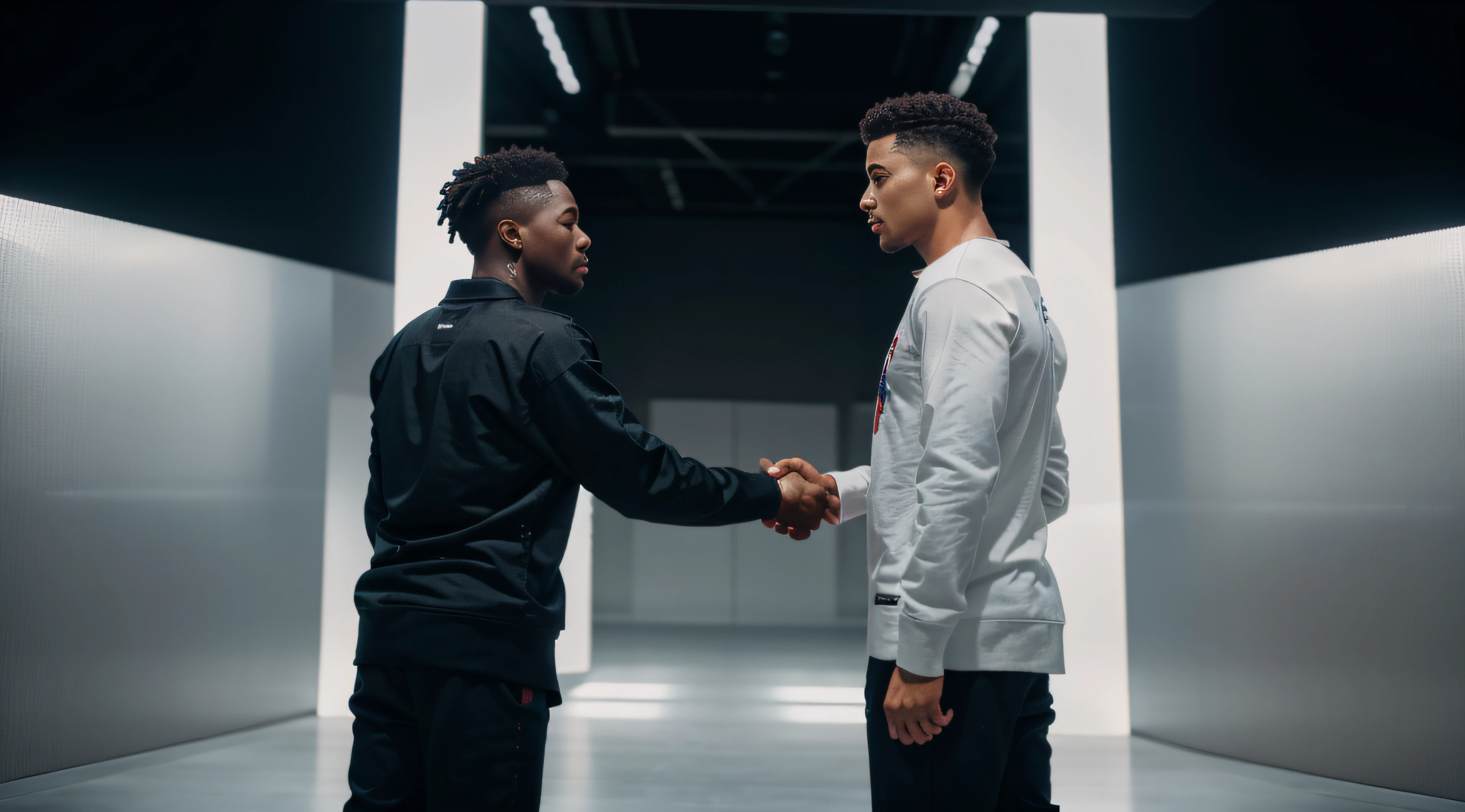 dois rappers masculinos se sacudindo'Hands, intertwined full body view, shaking hands, reaching out to each other, imagem de estoque de alta qualidade, roupas de rappers, um de frente para o outro, de costas viradas, s, Foto de Stock, Hands behind back, facing away from camera, dois homens bonitos, ,One of them holds a knife in his left hand, Behind the back