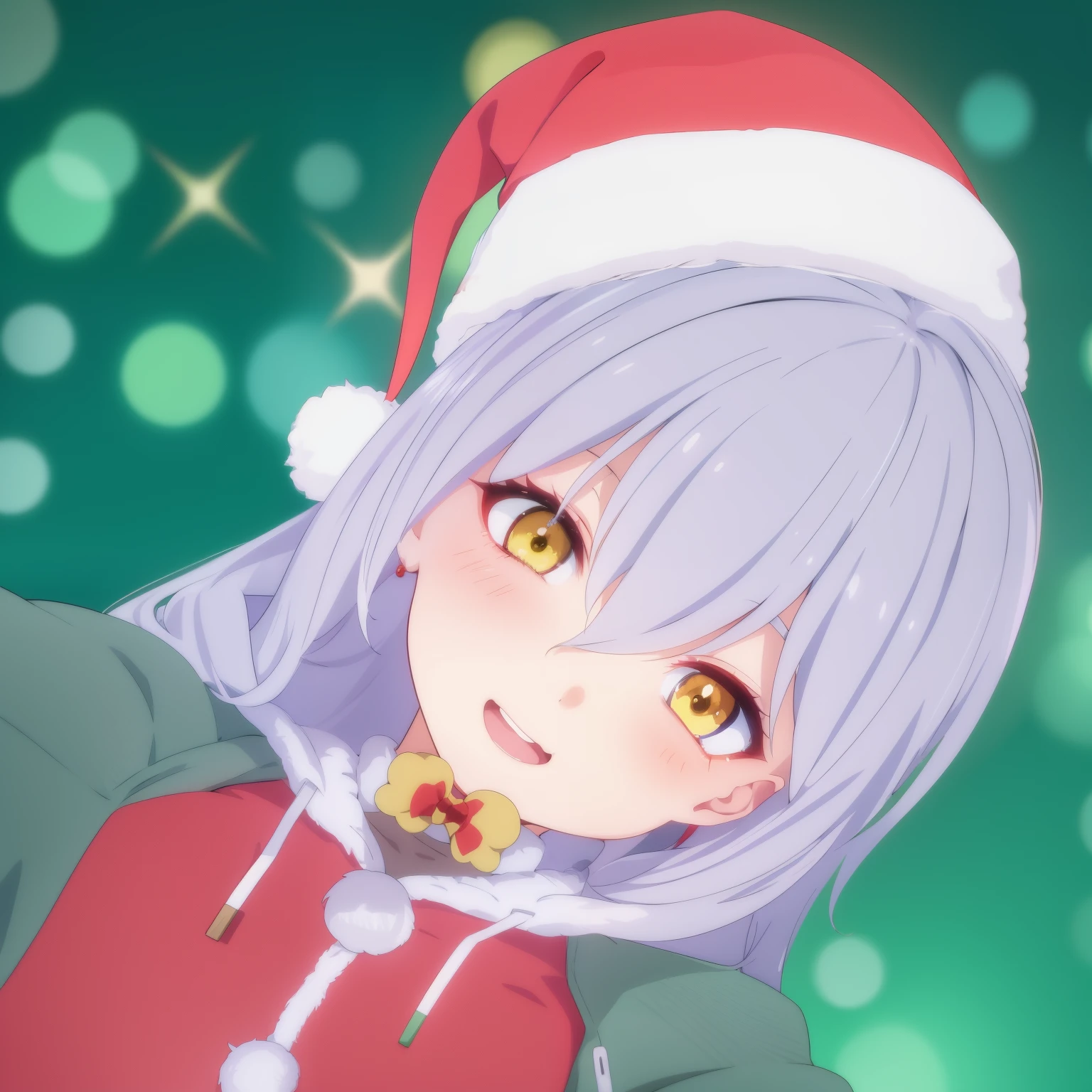 anime girl with white hair wearing a santa hat and green sweater, anime style. 8k, stylized anime, anime stylized, made with anime painter studio, 8k!, 8k!!, loli, cute! c4d, !8k!, kawaii, warm smile, open mouth, yellow eyes