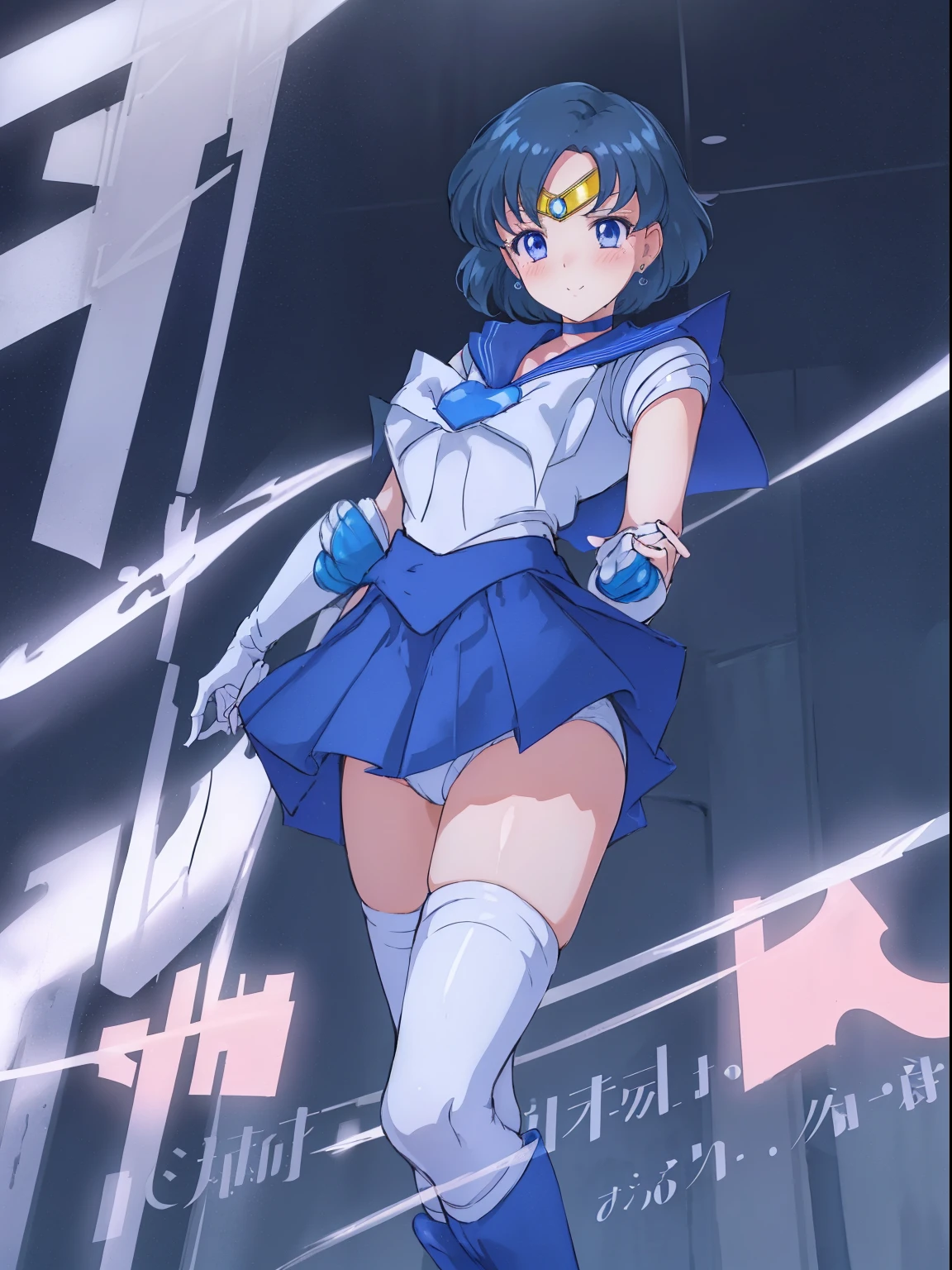 masterpiece, top-quality, hight resolution, 8K, Hi-Res, ultra-detailliert, 1girl in, (Anatomically correct), Full limbs, complete fingers, Slender 18 year old beautiful active girl, Brown-eyed, Slender eyes, A dark-haired, extra very short hair, (Black skin:1.2), (Sailor Moon: 1.3), (white leotard), (Blue sailor color), the bow, (Over-the-knee boots:1.1), a choker, (white glove), Blue choker, (elbowgloves), (a blue skirt), sole、爆乳, Solo, (Curve:1.1), looking down to viewer, Smile on his face, ((From below:1.5)) Looks Back, ((Leaning forward)), seen from back, , lip stick, makeup, less area underwear、Ultra Detail Hair, ultra detail face, (Purple eyes:1.05), Perfect eyes, Perfect face, earrings, (Confused, blush:1.2), , (black thighhighs, Garter Belt:1.1), zettai ryouiki, , high-heels, (Large breasts:1.1), cleavage, Big ass, thighs thighs thighs thighs, Show panties, ((From the hem of the rolled up skirt to the crotch))