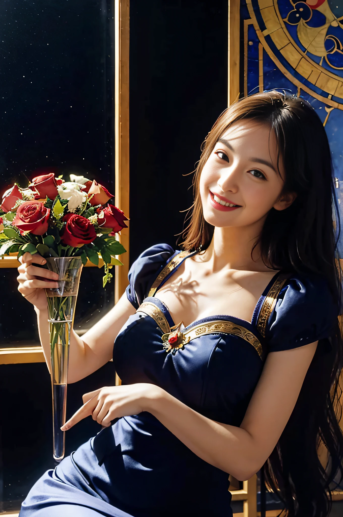 Geometry,stain glass,12 zodiac signs,Vigée Leblanc style,Math、Astronomical utensils,astronault,Roses in a vase,fruits,cute little,A smile,Ancient Greek costumes,Paintings by Sandro Botticelli,Costume with stretched shoulders,huge smile,large full breasts,Ecstasy expression,A sexy