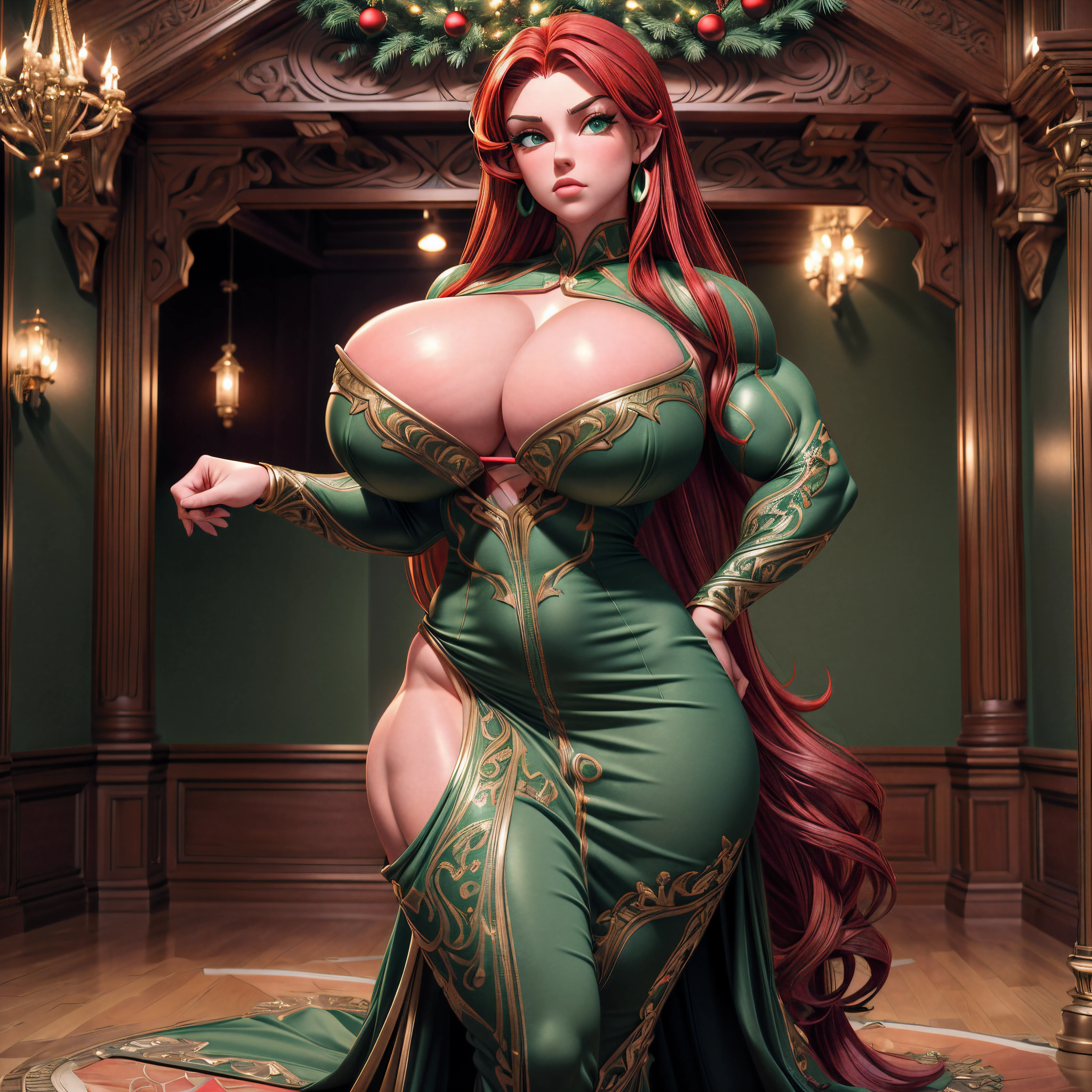 Beautiful red haired young woman, detailed lips, detailed green eyes, detailed nose, full body, modern Christmas inspired, overflowing oversized massive breasts, ((((huge bulging muscles)))), Rock hard abs, hyper sexualized, thick but well built, tight, (masterpiece, 8k, high res, ultra-detailed, dynamic)